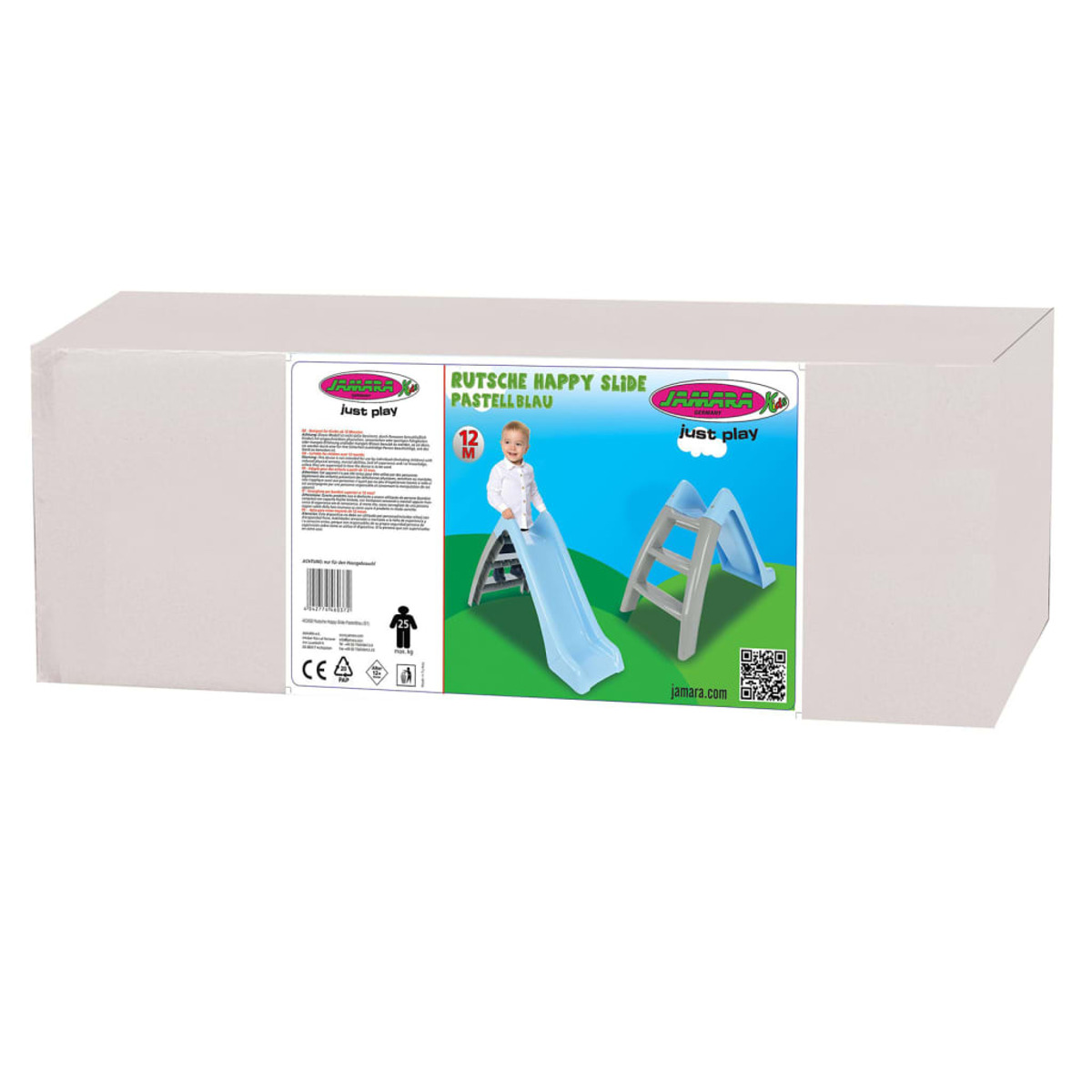 Eine Box mit blauer Rutsche, mit einem Kind auf der Rutsche in der Werbung.