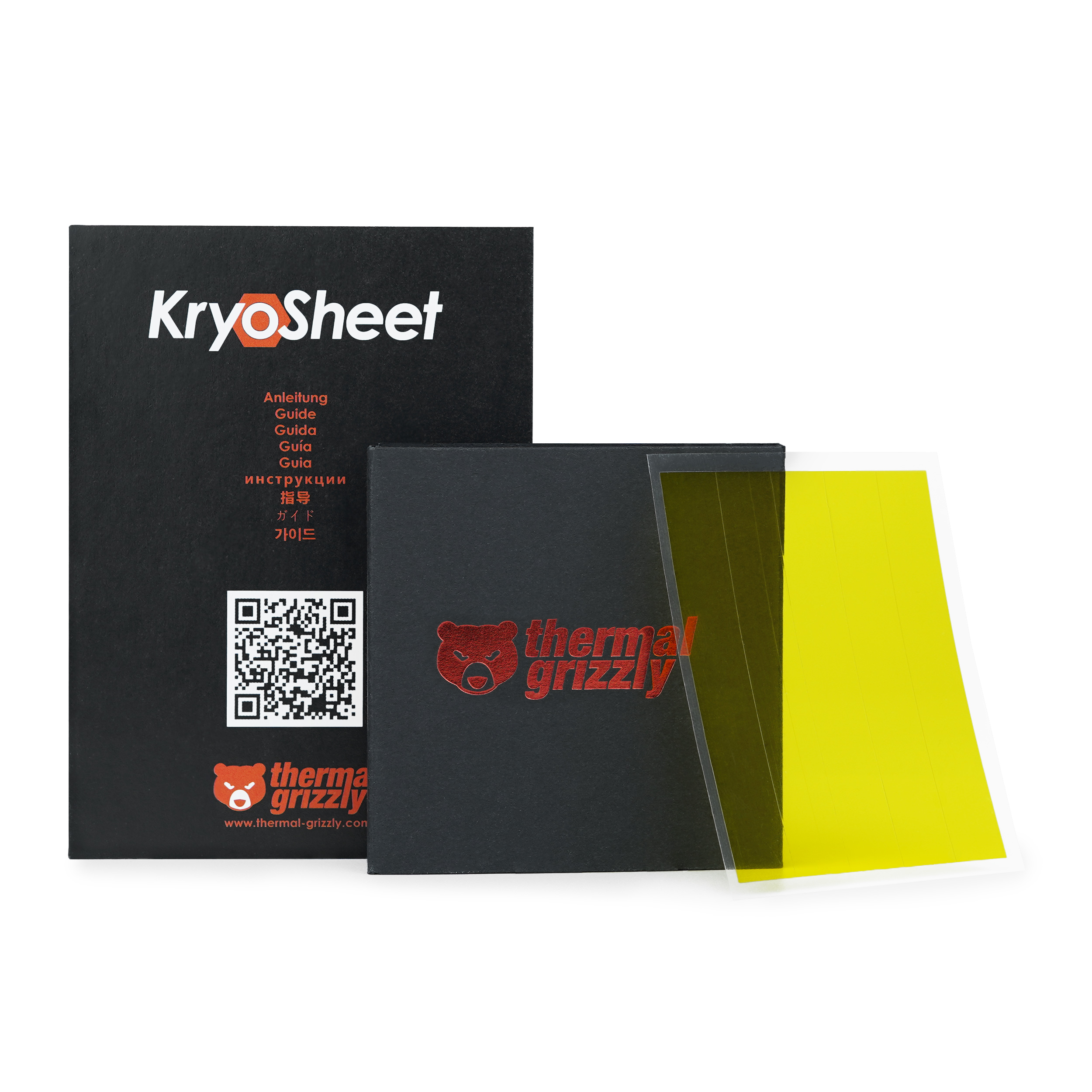 Verpackung für KryoSheet Wärmeleitmaterial, mit Anleitung und sichtbaren gelben Folien.