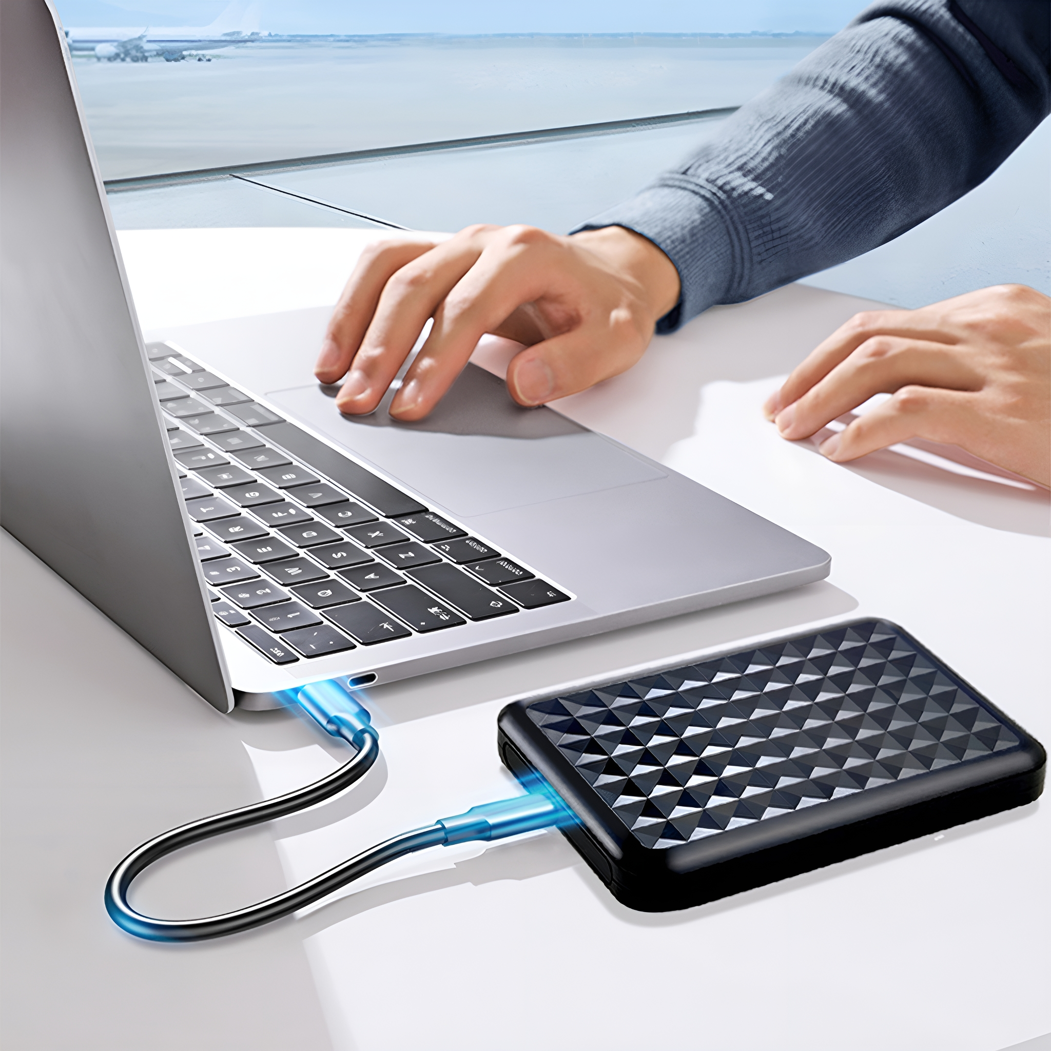 Eine Person benutzt einen Laptop, der über ein blaues Kabel mit einer schwarzen, strukturierten externen Festplatte verbunden ist.