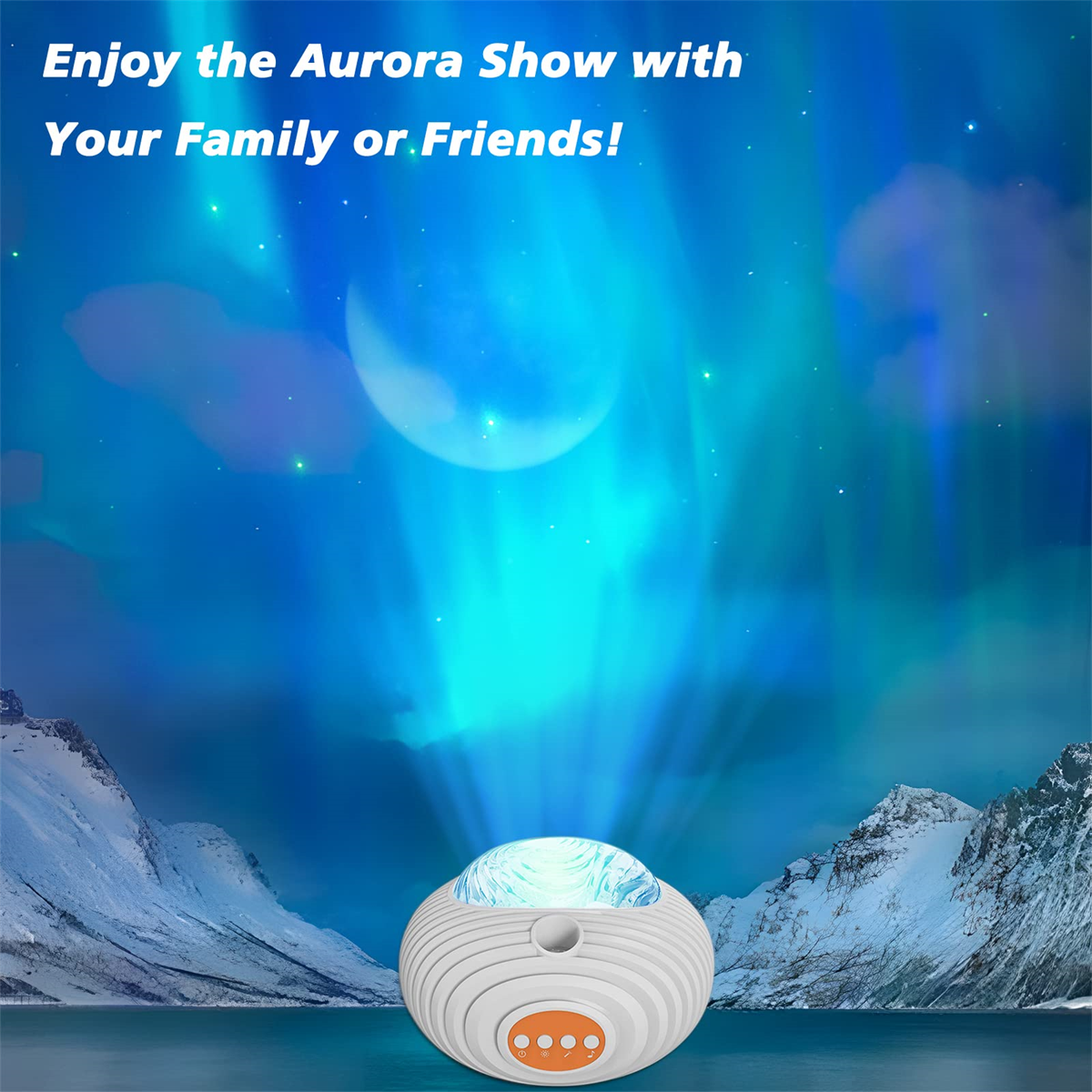 Ein Projektor zeigt eine blaue Aurora Borealis-Szene mit Bergen. Text: Genieße die Aurora Show.