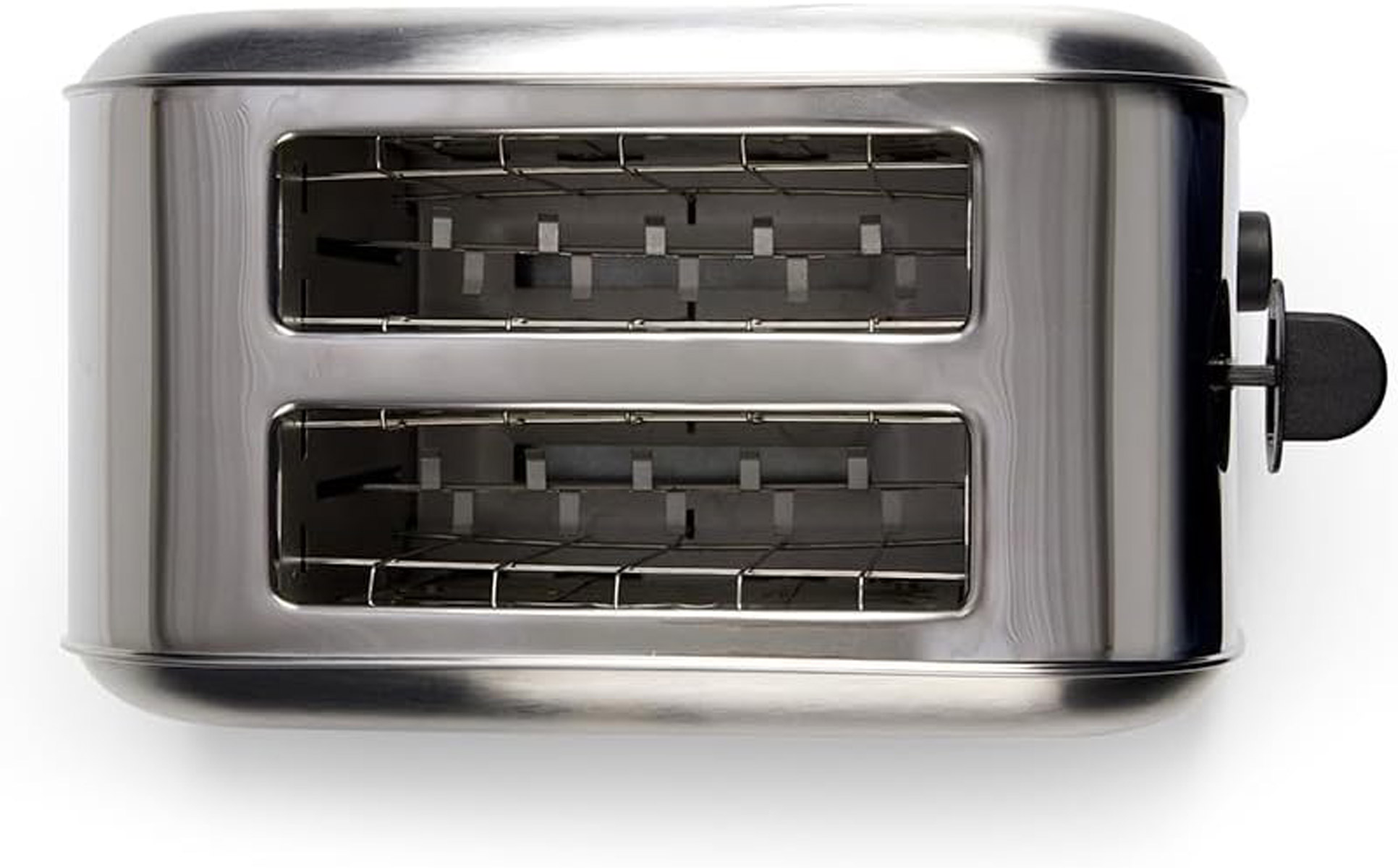 Toaster aus Edelstahl mit zwei Schlitzen, Draufsicht. Schwarzer Hebel an der Seite und weißer Hintergrund.