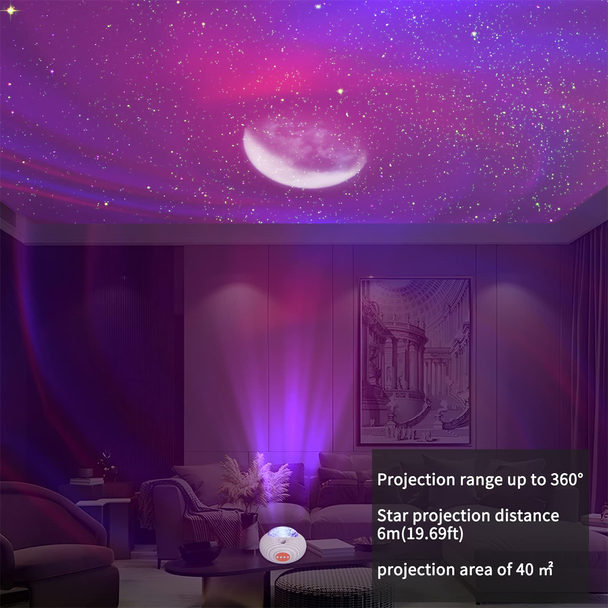 Raum mit Sternenprojektion an der Decke, ein Mond. Projektionsfläche 40 m².