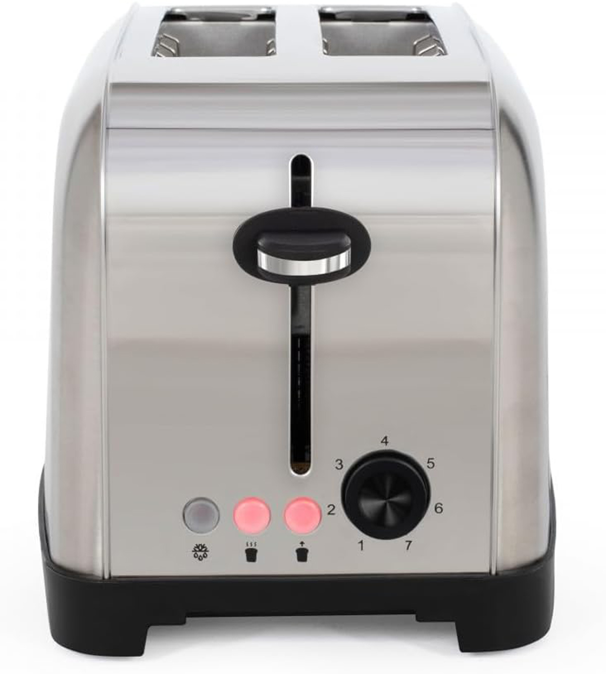 Toaster aus Edelstahl. Schwarzer Sockel, mit Drehknopf und Knöpfen. Zwei Schlitze für Brot.