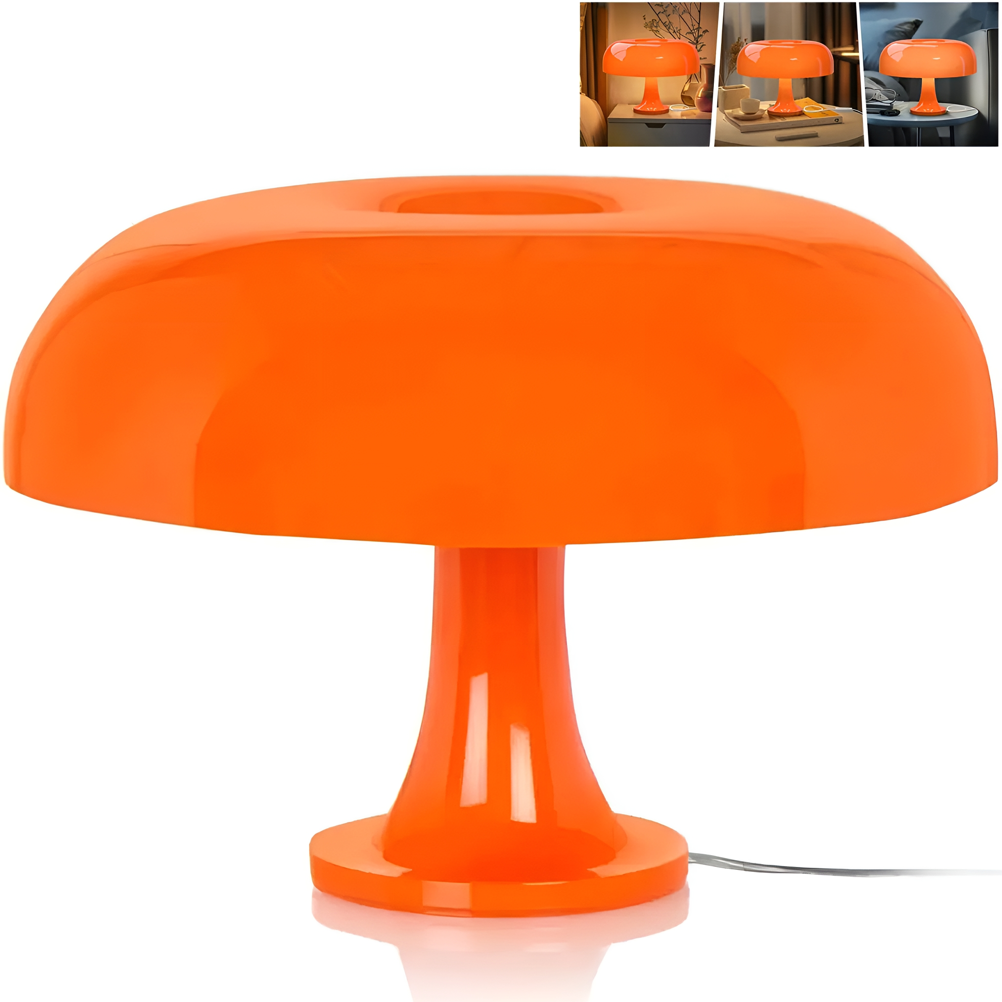 Eine orangefarbene, pilzförmige Tischlampe mit rundem Fuß und großem, geschwungenem Lampenschirm.