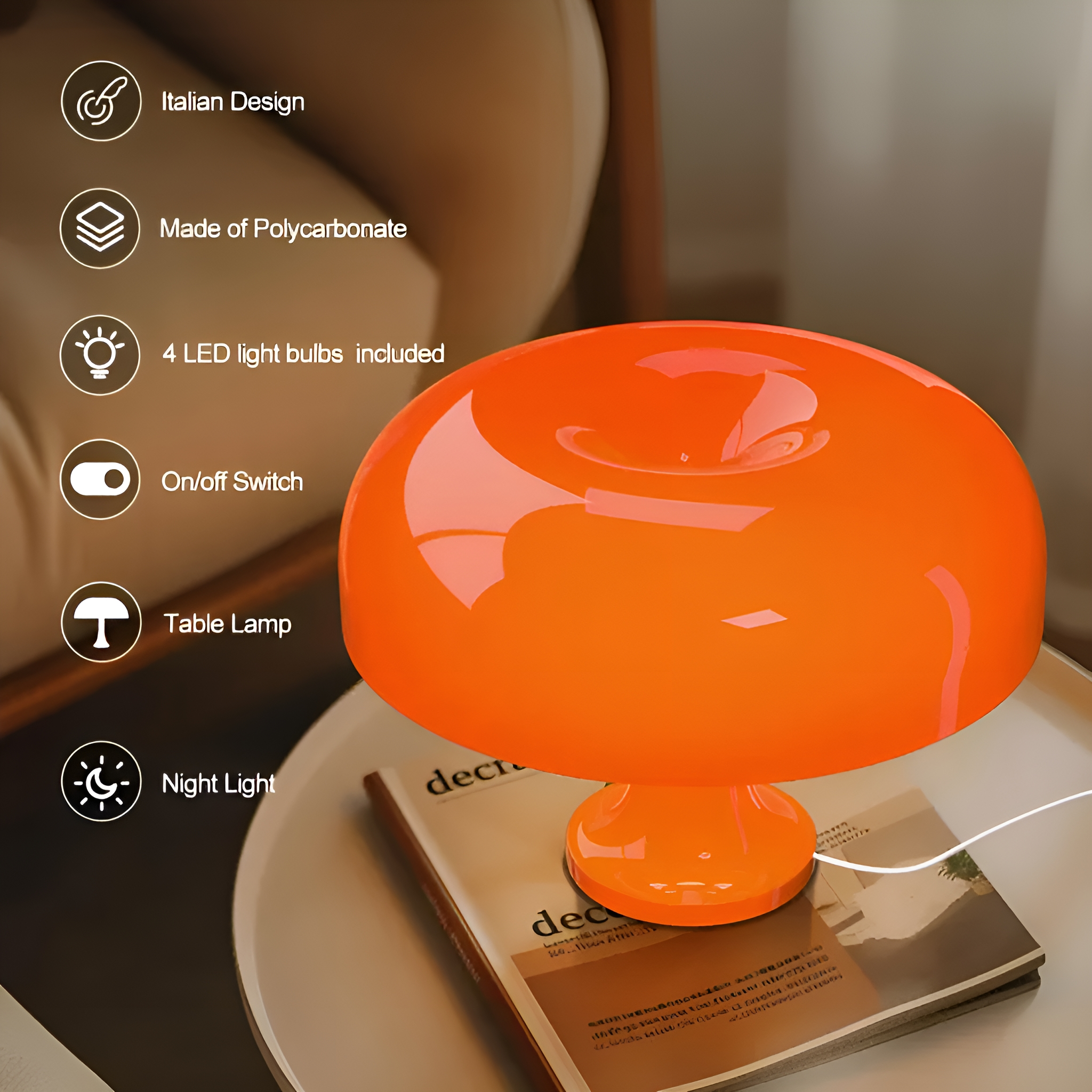 Orangefarbene pilzförmige Tischlampe auf einem weißen Tisch. Italienisches Design, Nachtlicht.