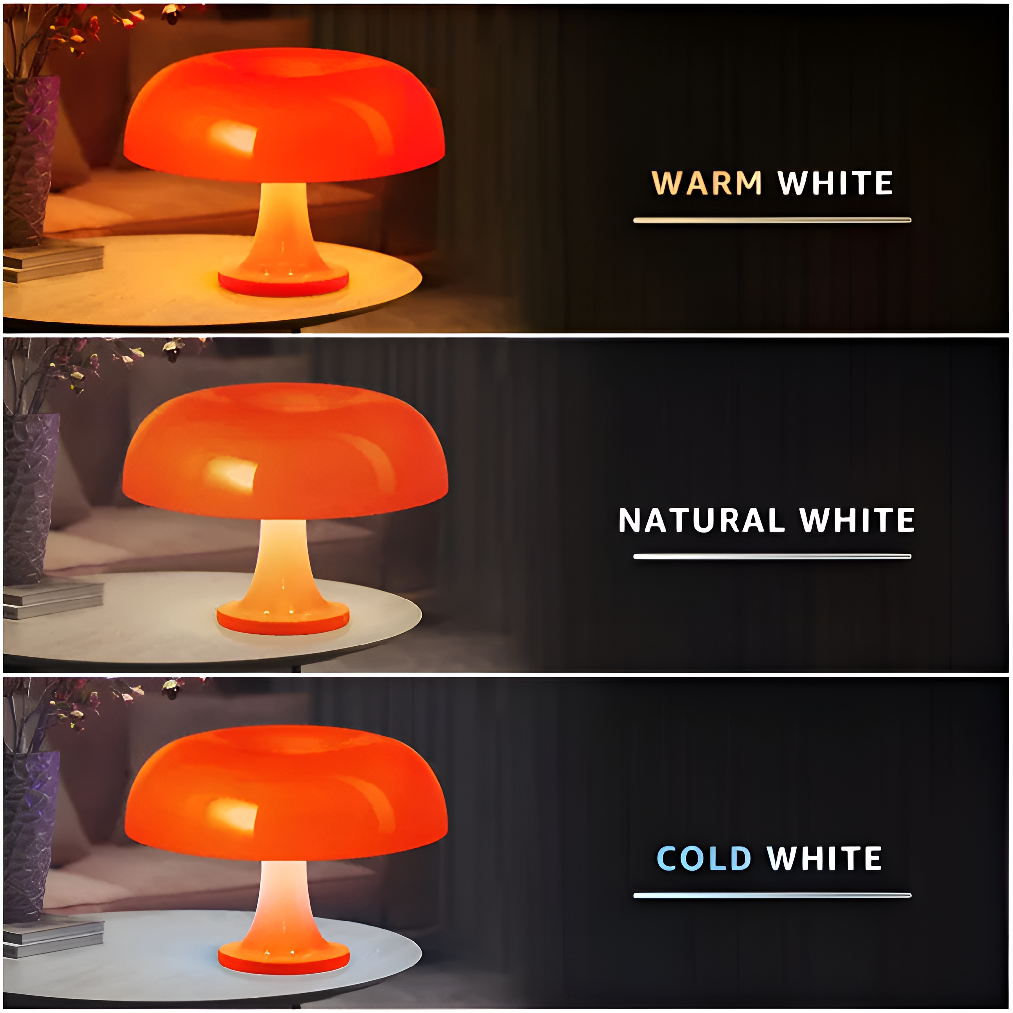 Orangefarbene Pilzlampe mit drei Lichteinstellungen: warmweiß, naturweiß und kaltweiß.