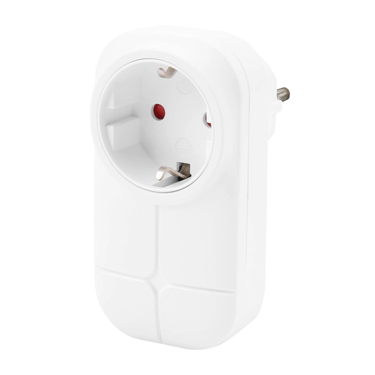 Weißer europäischer Netzadapter mit roter Mitte im Steckerloch.