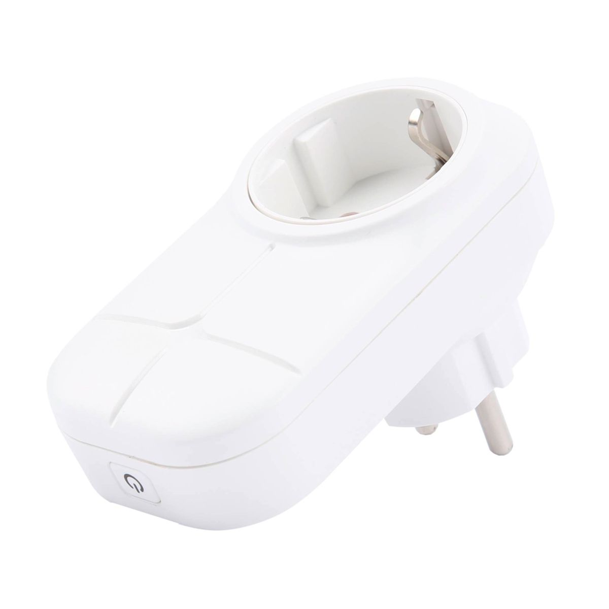 Weißer Steckdosenadapter mit Power-Taste. Der Adapter hat eine rechteckige Form.