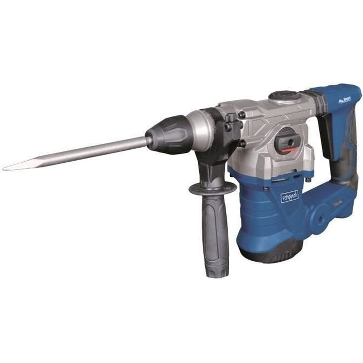 Blau-grauer Bohrhammer. Er hat einen Griff und einen langen Bohrer.