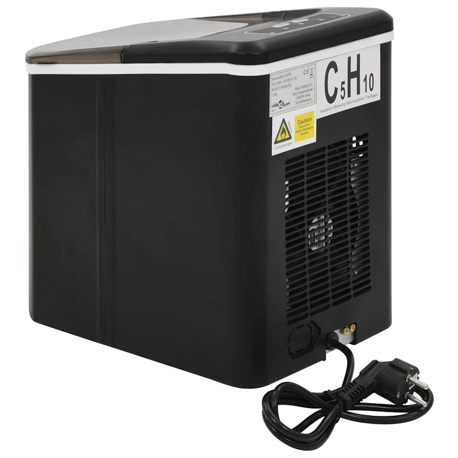 Ein schwarzer, kleiner tragbarer Kühlschrank mit schwarzer Oberseite und der chemischen Formel C5H10.