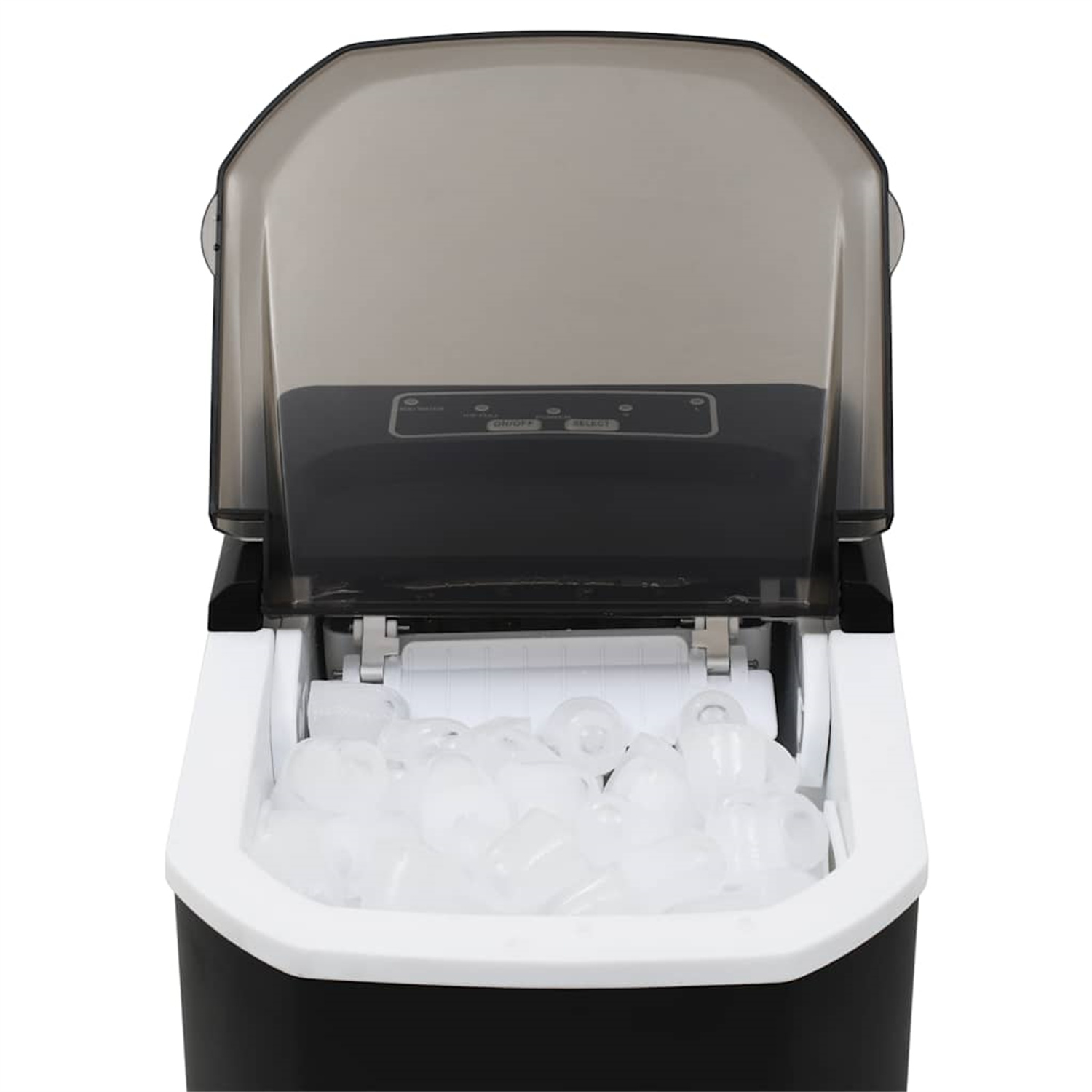 Ein Eisbereiter mit transparentem Deckel und Eiswürfeln im Inneren, auf weißem Hintergrund.