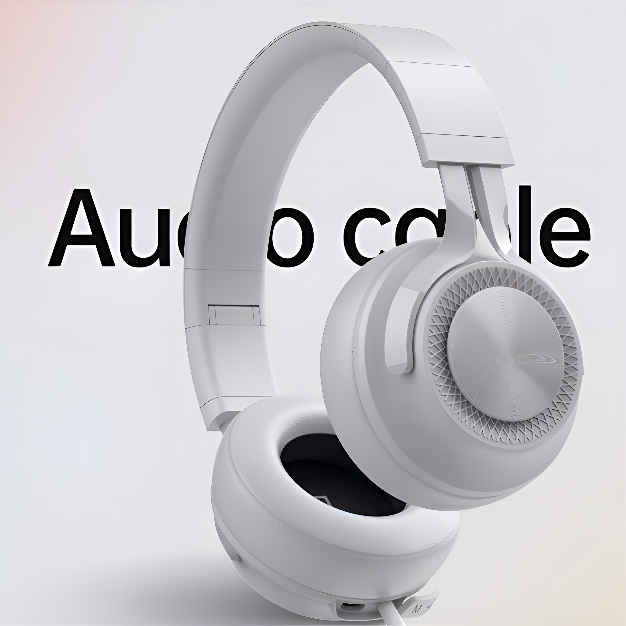 Weiße Kopfhörer mit Audiokabel, vor hellem Hintergrund platziert.