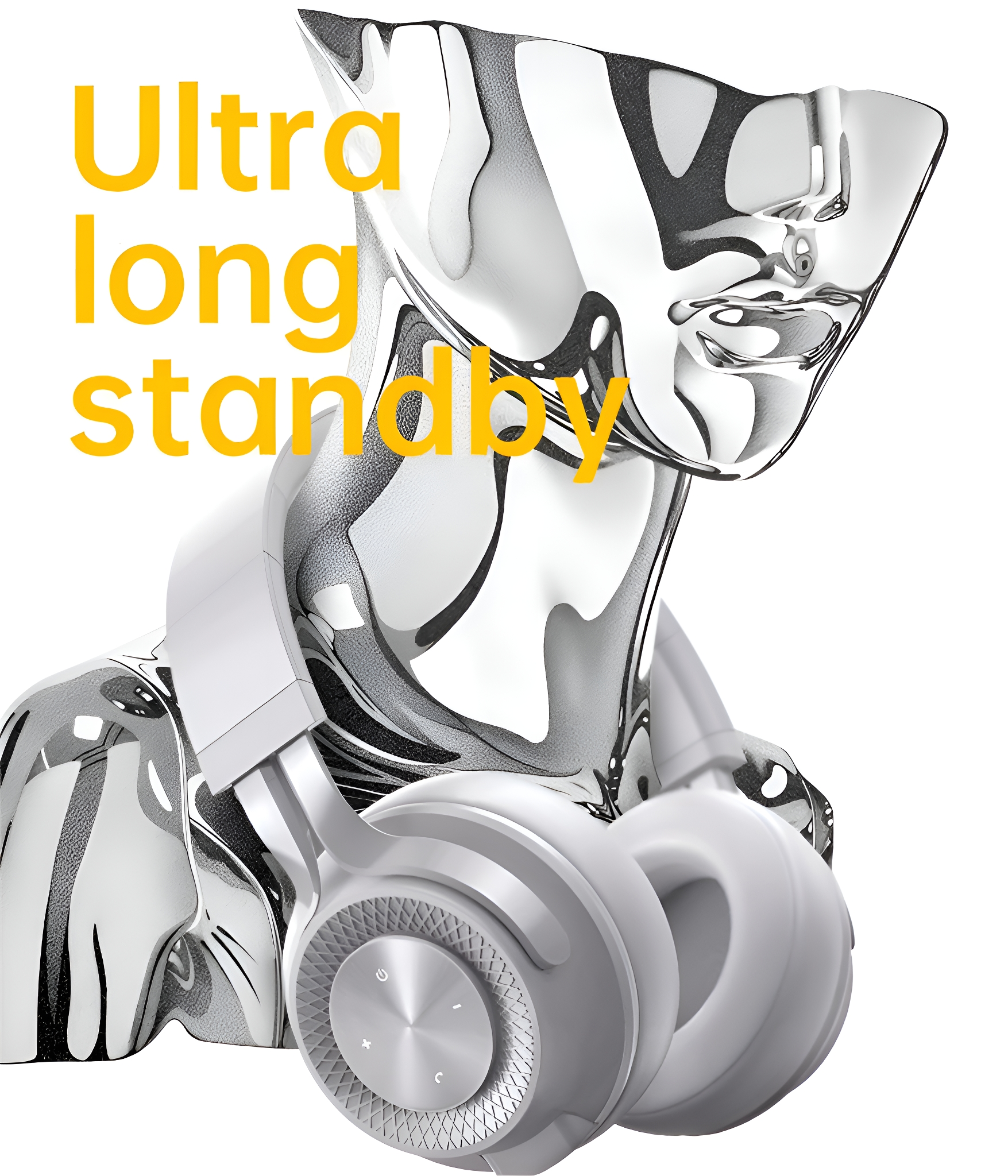 Eine silberne roboterartige Figur, die weiße Kopfhörer hält, mit dem Text 'Ultra lange Standby'.