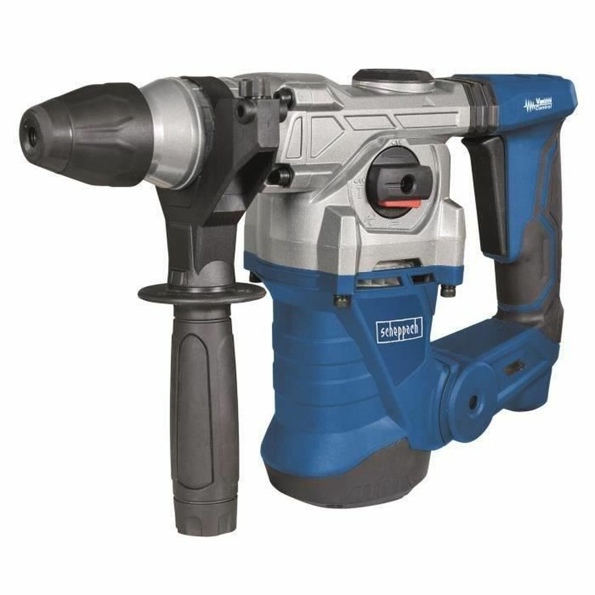 Ein blau-silberner Bohrhammer mit schwarzem Griff. Weißer Hintergrund.