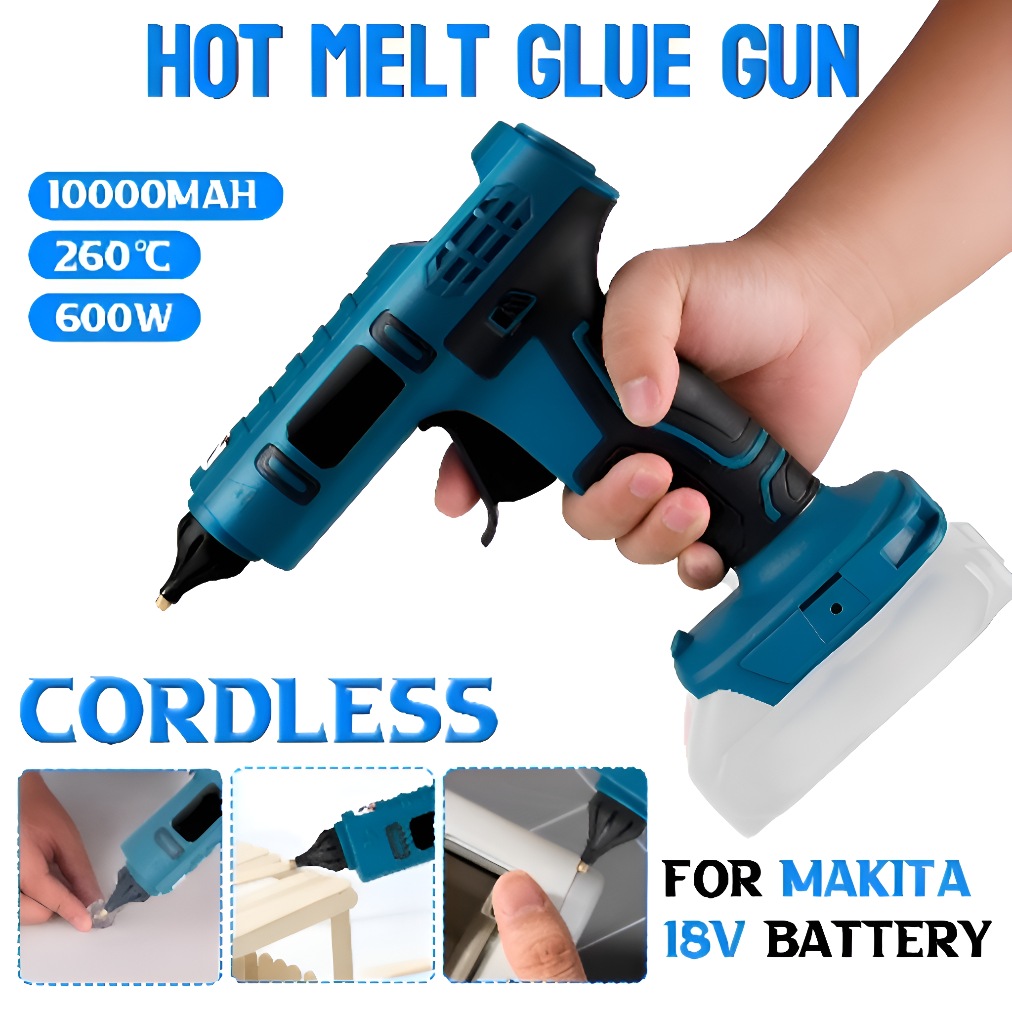 Eine teal und schwarze kabellose Heißklebepistole wird gehalten. Es ist für eine Makita 18V-Batterie.