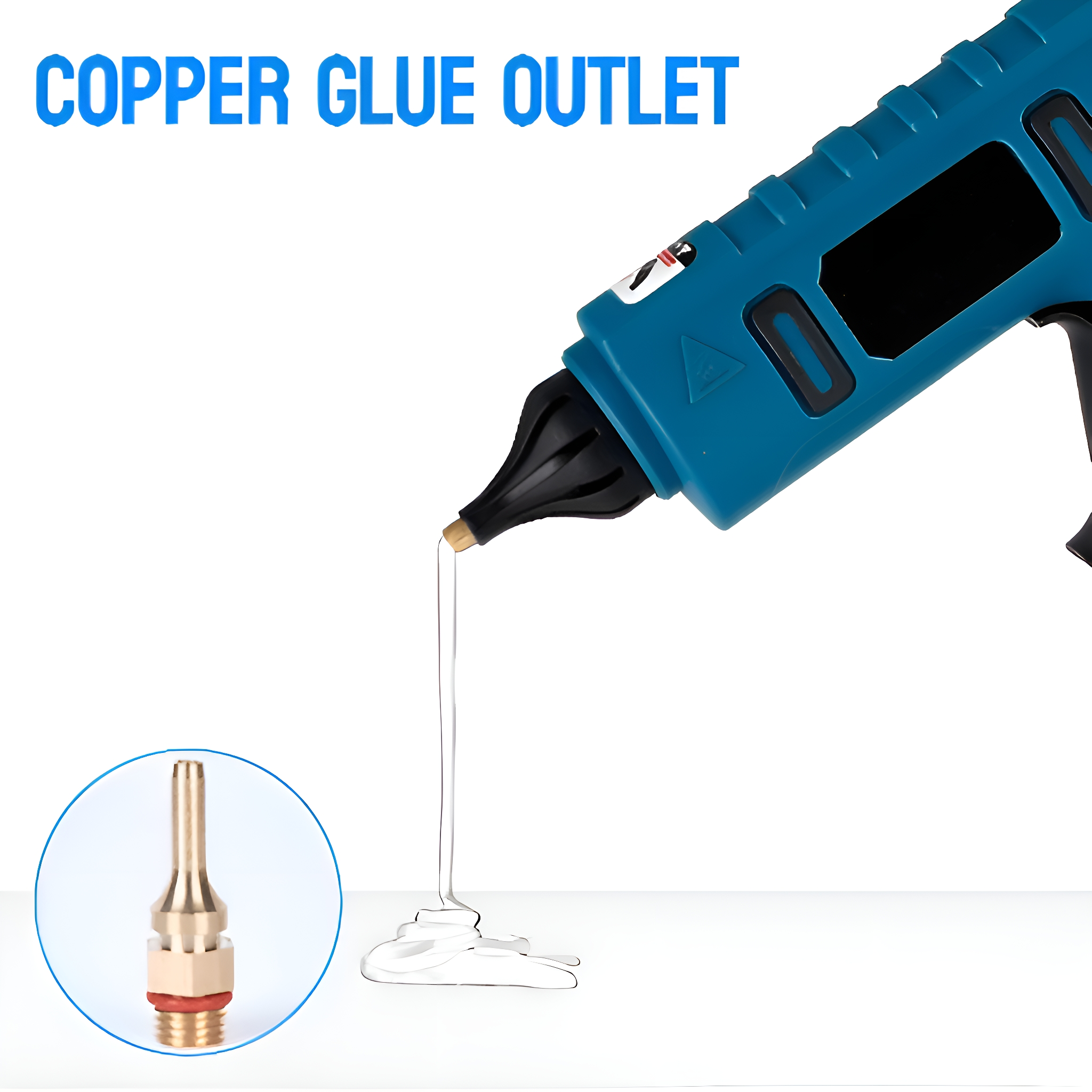 Blaue Klebepistole mit Kleber, der aus der Düse tropft, und Detailansicht.