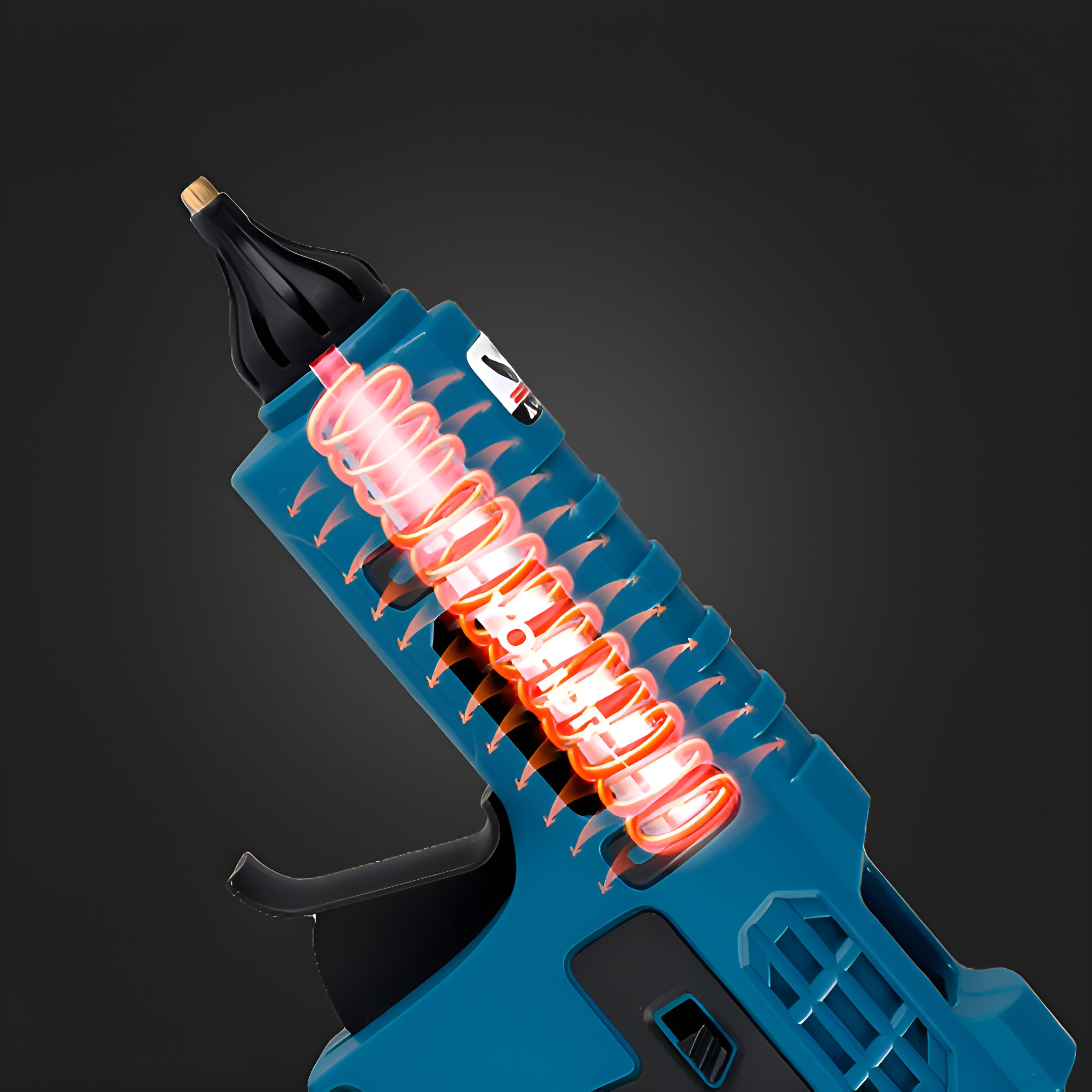 Blau-schwarze Heißklebepistole mit klarer Sicht auf das Heizelement.
