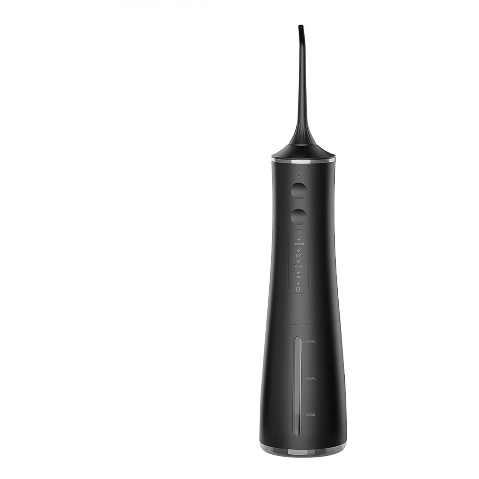 Ein schwarzer Wasser-Flosser mit langer Düse und Wasserstandsanzeige.