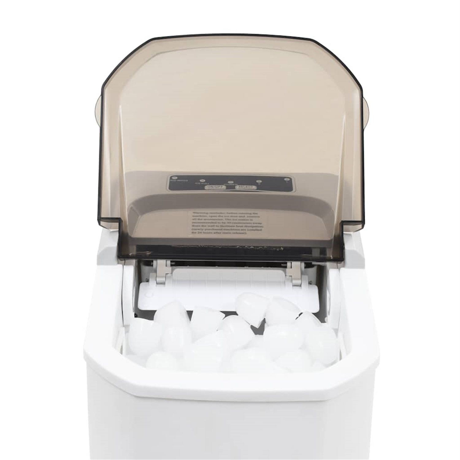 Eine Eismaschine, weiß und schwarz, mit offenem Deckel, der Eiswürfel zeigt. Nahaufnahme.