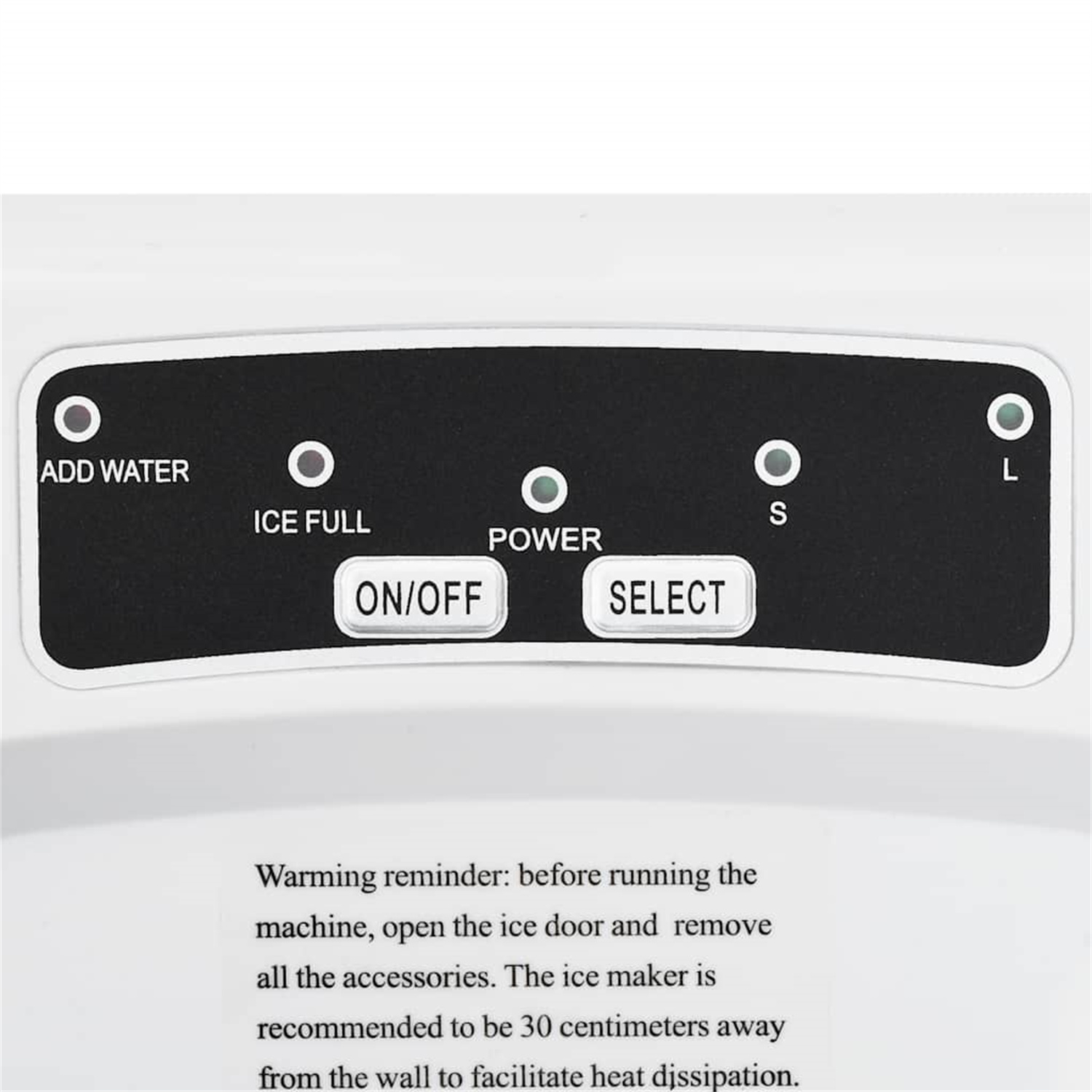 Ein Bedienfeld eines Eisbereiters mit Tasten für Wasser hinzufügen, Eis voll, Strom und Auswahl.