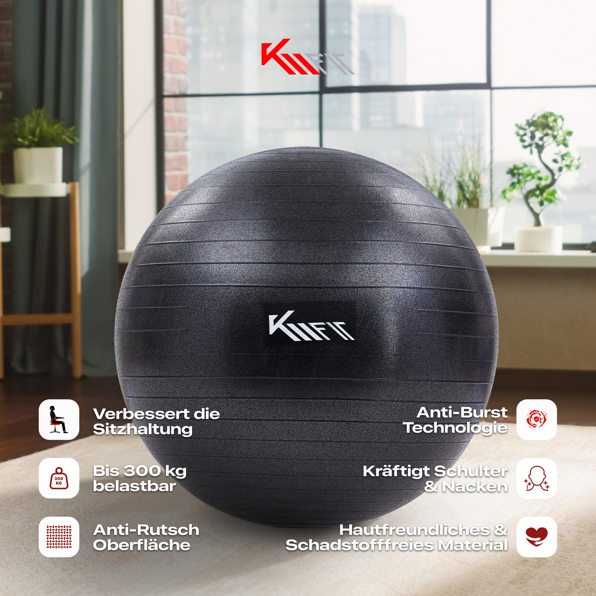Schwarzer Gymnastikball mit weißem Text und Symbolen.