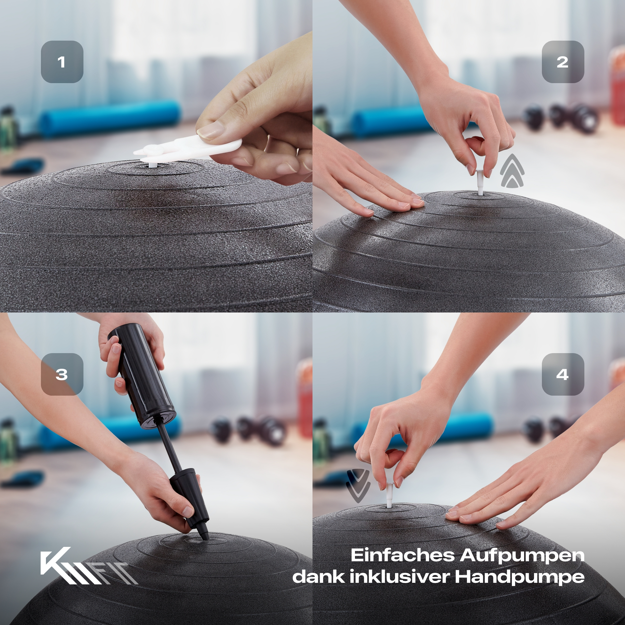 Vier Bilder, die die Schritte zum Aufblasen eines schwarzen Gymnastikballs mit einer Pumpe zeigen.