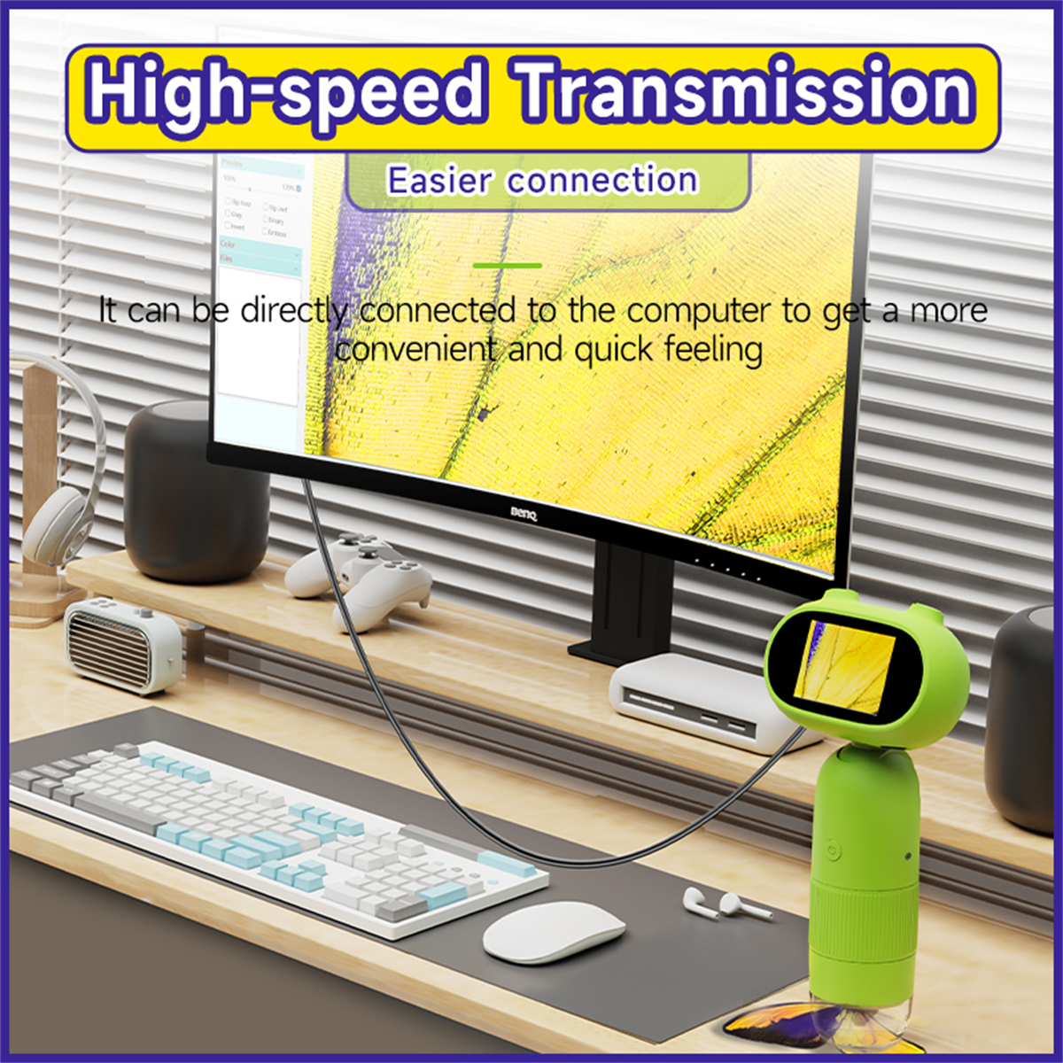 Ein Mikroskop ist mit einem Monitor verbunden. Text oben: 'High-speed Transmission' und 'Easier connection'.