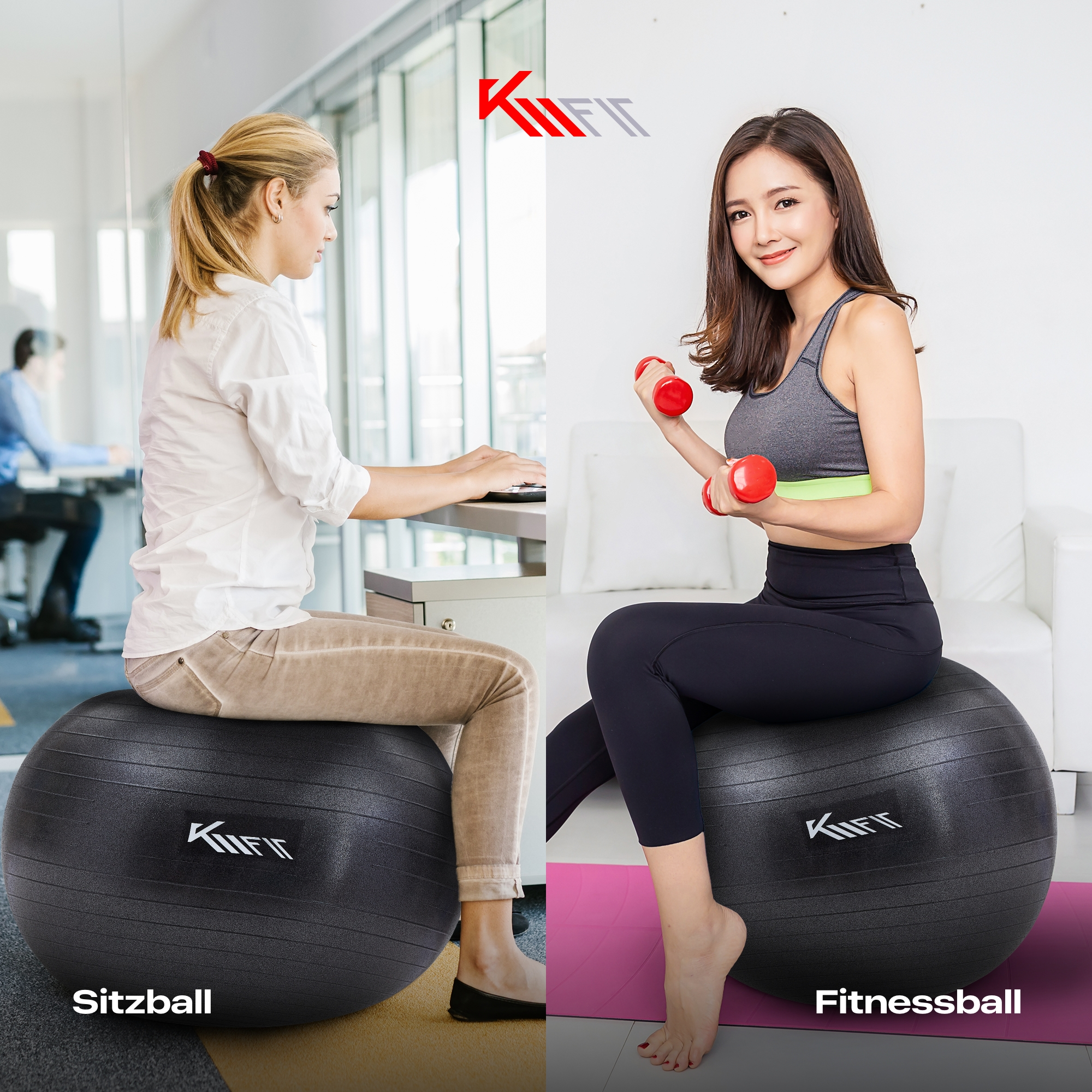 Zwei Frauen auf Gymnastikbällen, eine am Laptop, die andere mit Kurzhanteln. Eine heißt Sitzball.