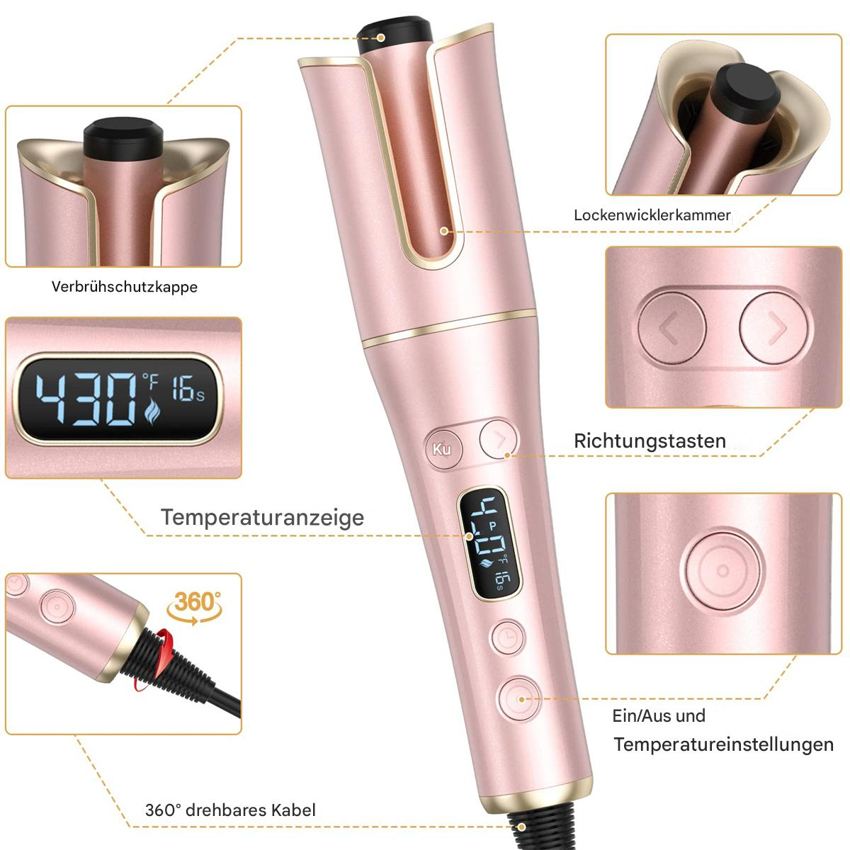Ein rosa Lockenstab mit Steuertasten und einer Digitalanzeige für Temperatur und Zeit. Details sind hervorgehoben.