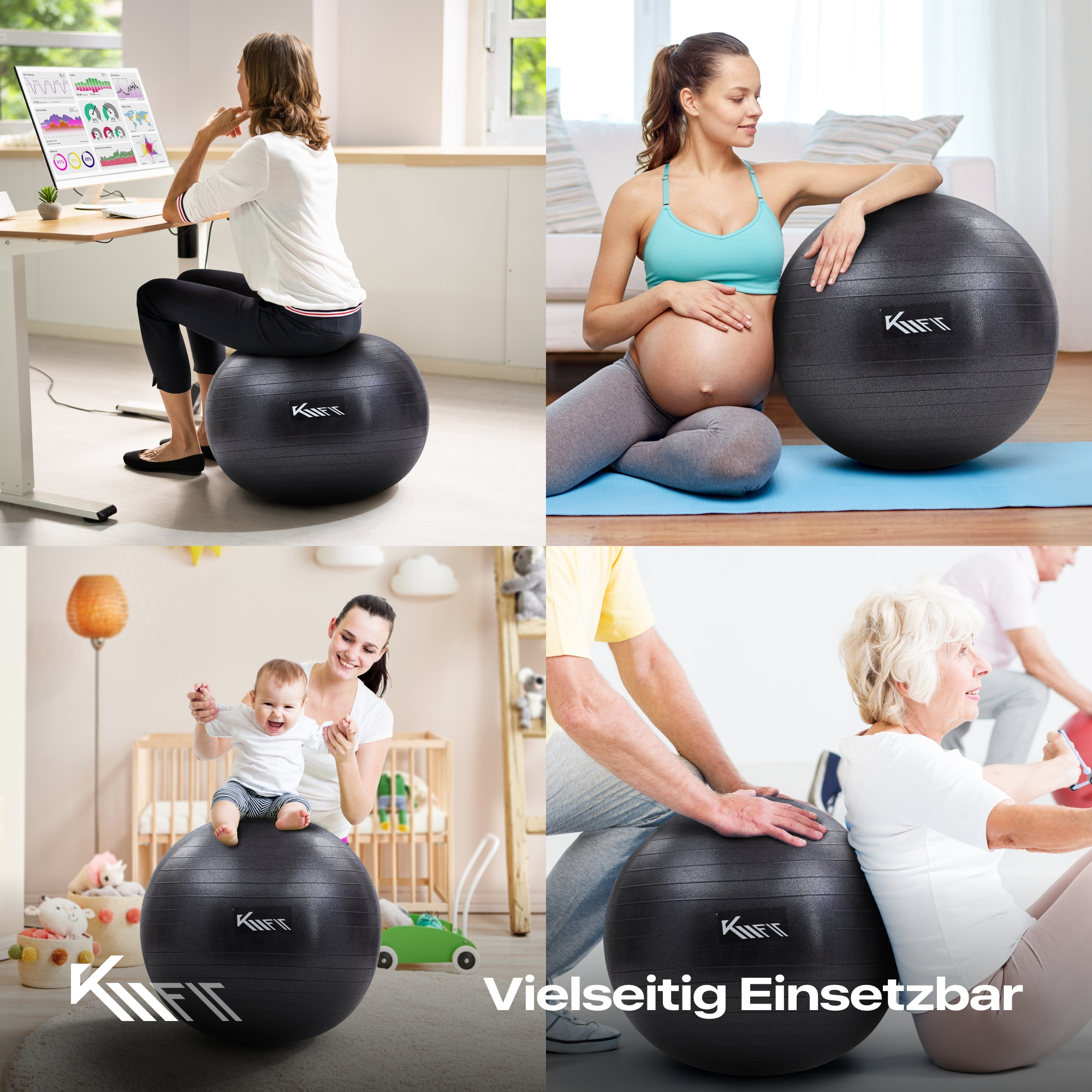 Vier Bilder von Menschen, die Fitnessbälle verwenden. Verschiedene Altersgruppen, drinnen und draußen.
