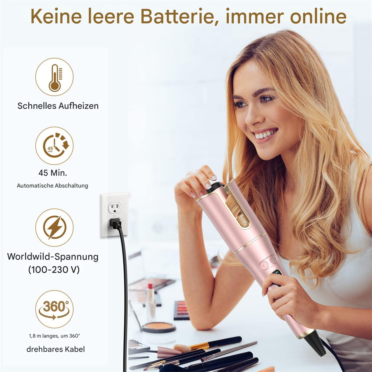 Frau hält einen rosa Lockenstab. Verschiedene Schönheitsartikel auf dem Tisch. Text im Hintergrund.