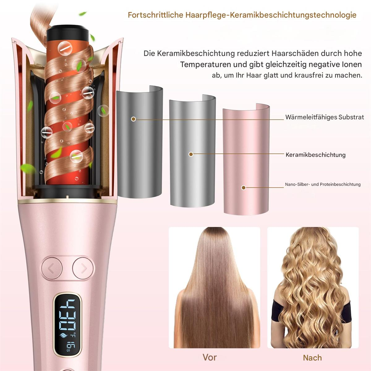 Haarstyler mit Details der internen Komponenten und Haare vor und nach dem Locken.