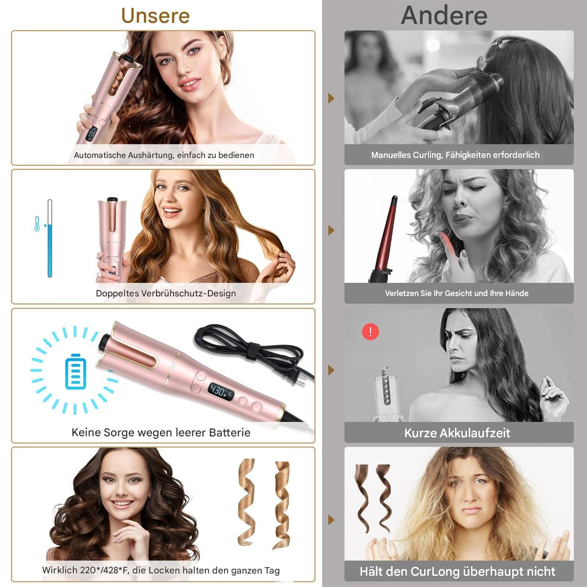 Haar-Lockenstab-Vergleich: Automatisch vs. manuell. Locken und Ergebnisse werden gezeigt.