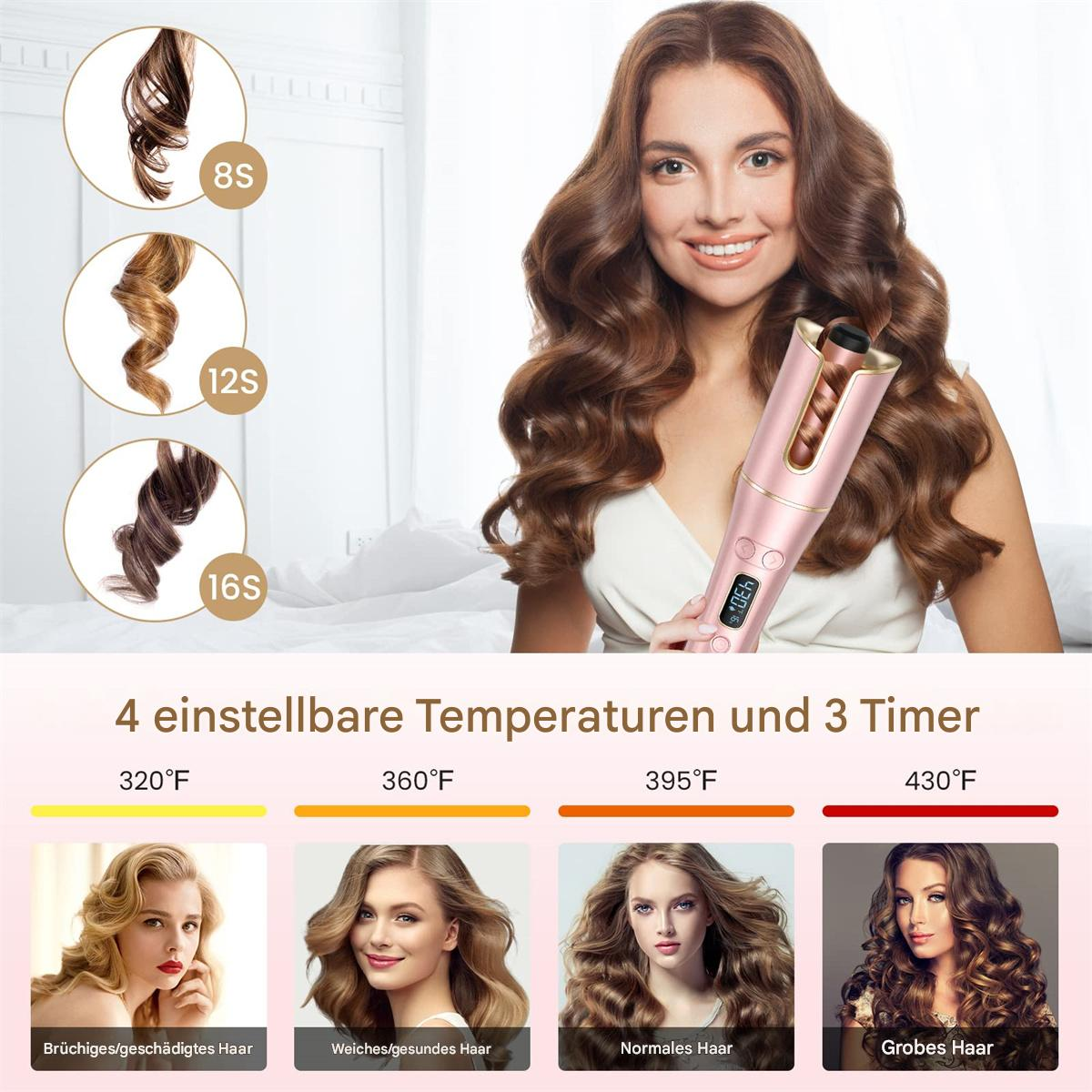 Frau mit gestylten Haaren, die einen Lockenstab benutzt. Haarproben, 4 Temperatureinstellungen.