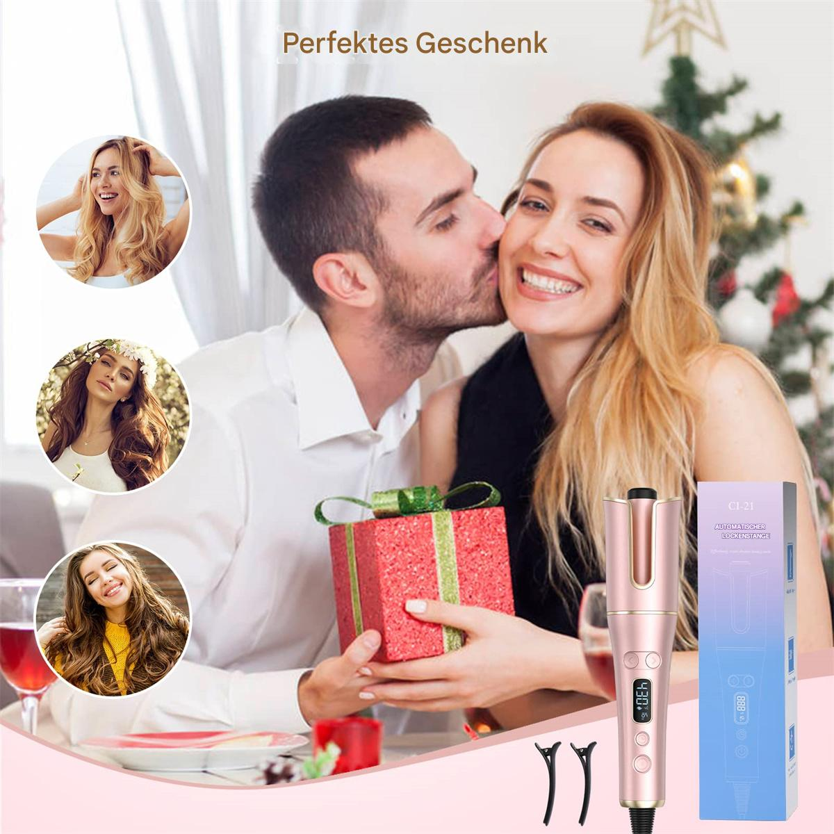 Mann küsst Frau, hält Geschenk. Haarstyling-Werkzeuge und Produktbox sichtbar.