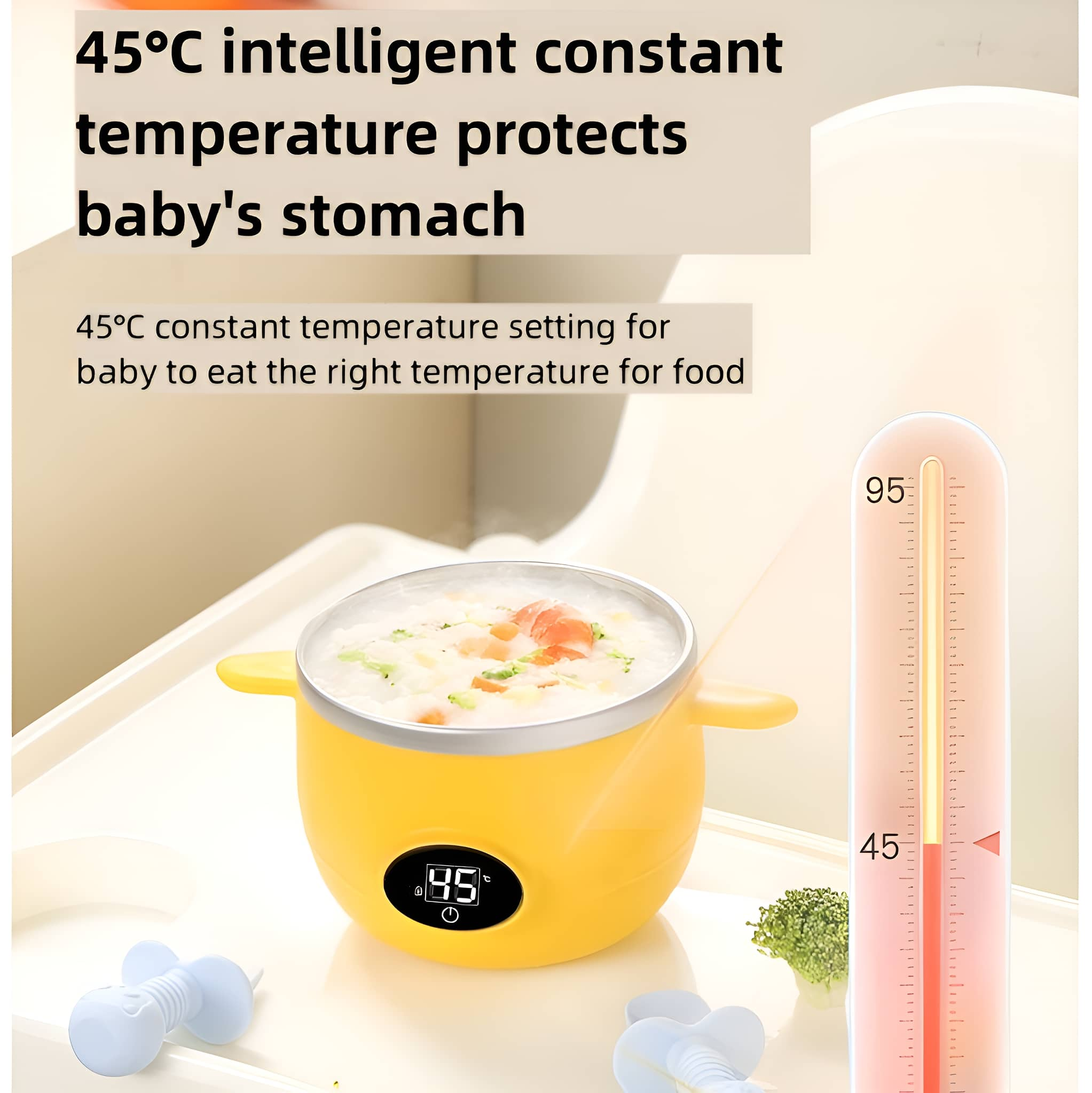 Ein gelber Babykostwärmer mit 45°C-Einstellung, Thermometer, Babynahrung und Zubehör.