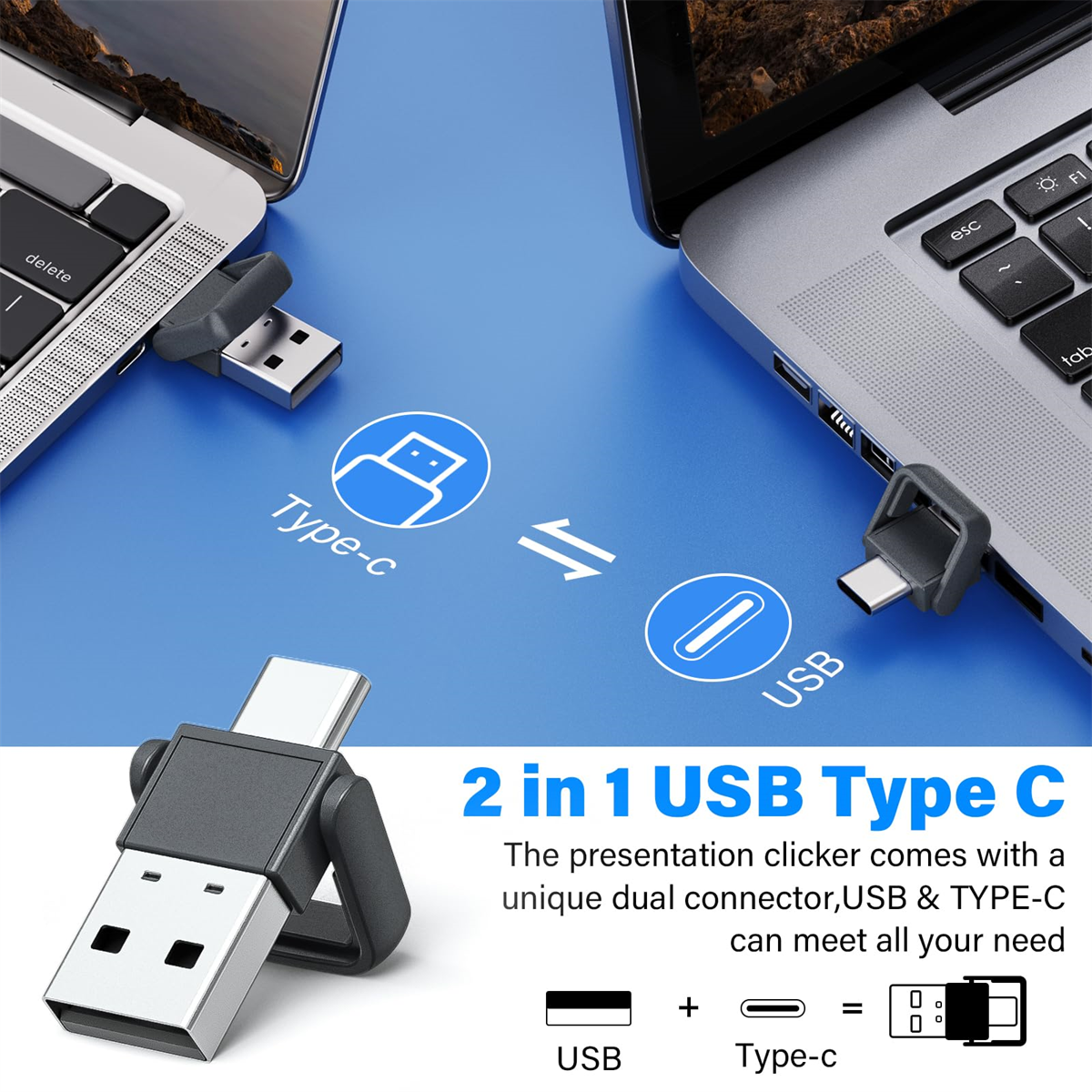 Ein USB-zu-Typ-C-Adapter mit einem USB- und einem Typ-C-Anschluss nebeneinander auf einer blauen Oberfläche.