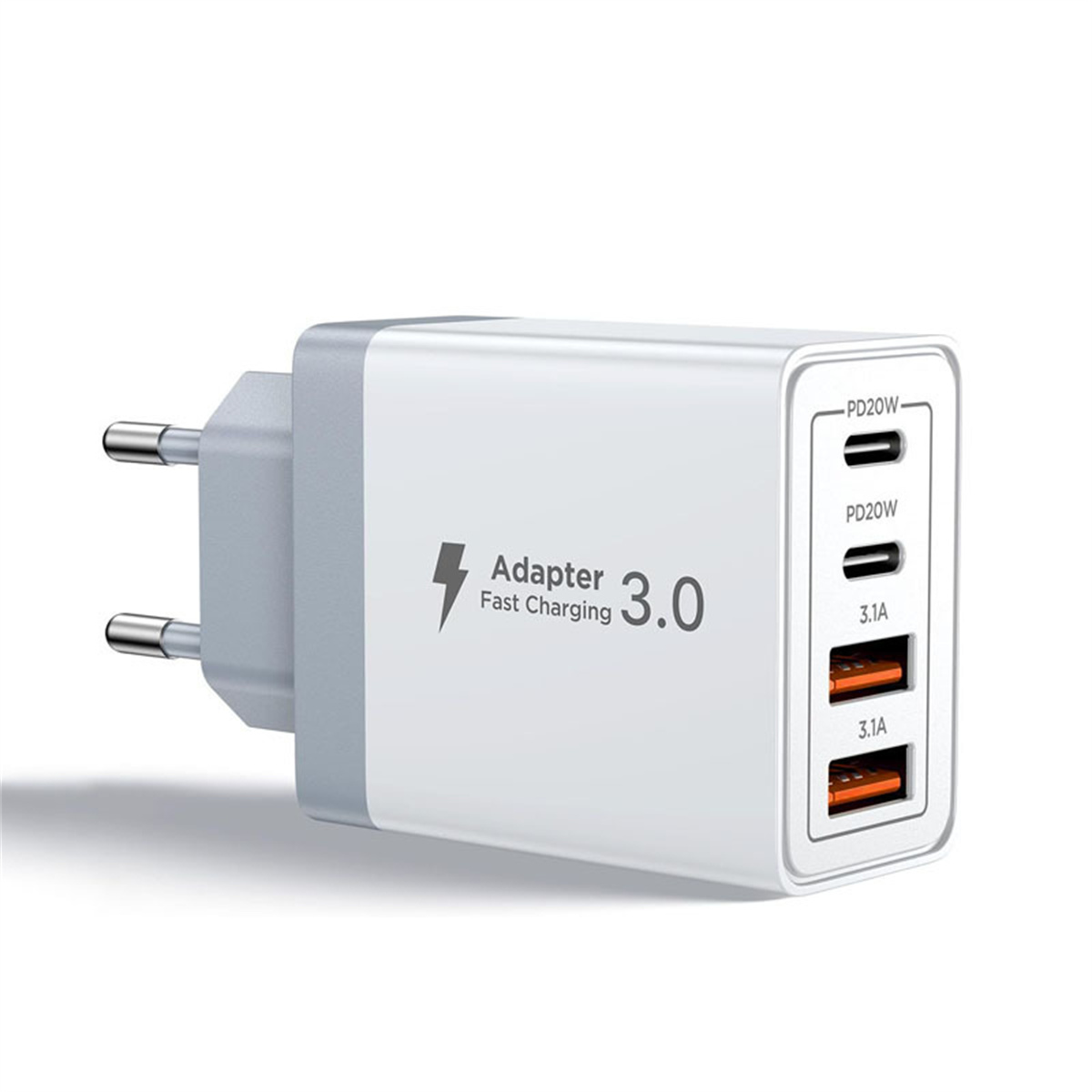 Ein weiß-grauer Schnellladeadapter mit PD20W- und 3,1A-Anschlüssen.