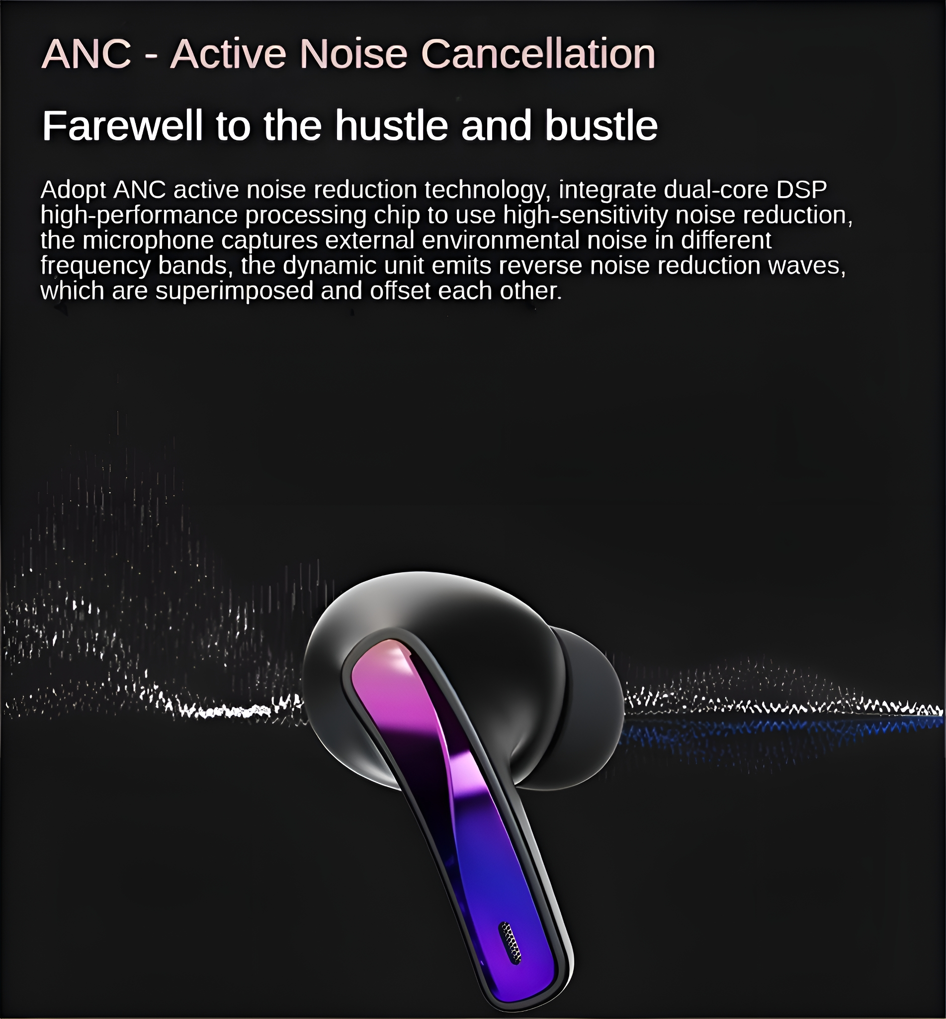 Schwarze und violette Ohrhörer mit Geräuschunterdrückungstechnologie. Das Bild hat Text über Geräuschreduzierung.