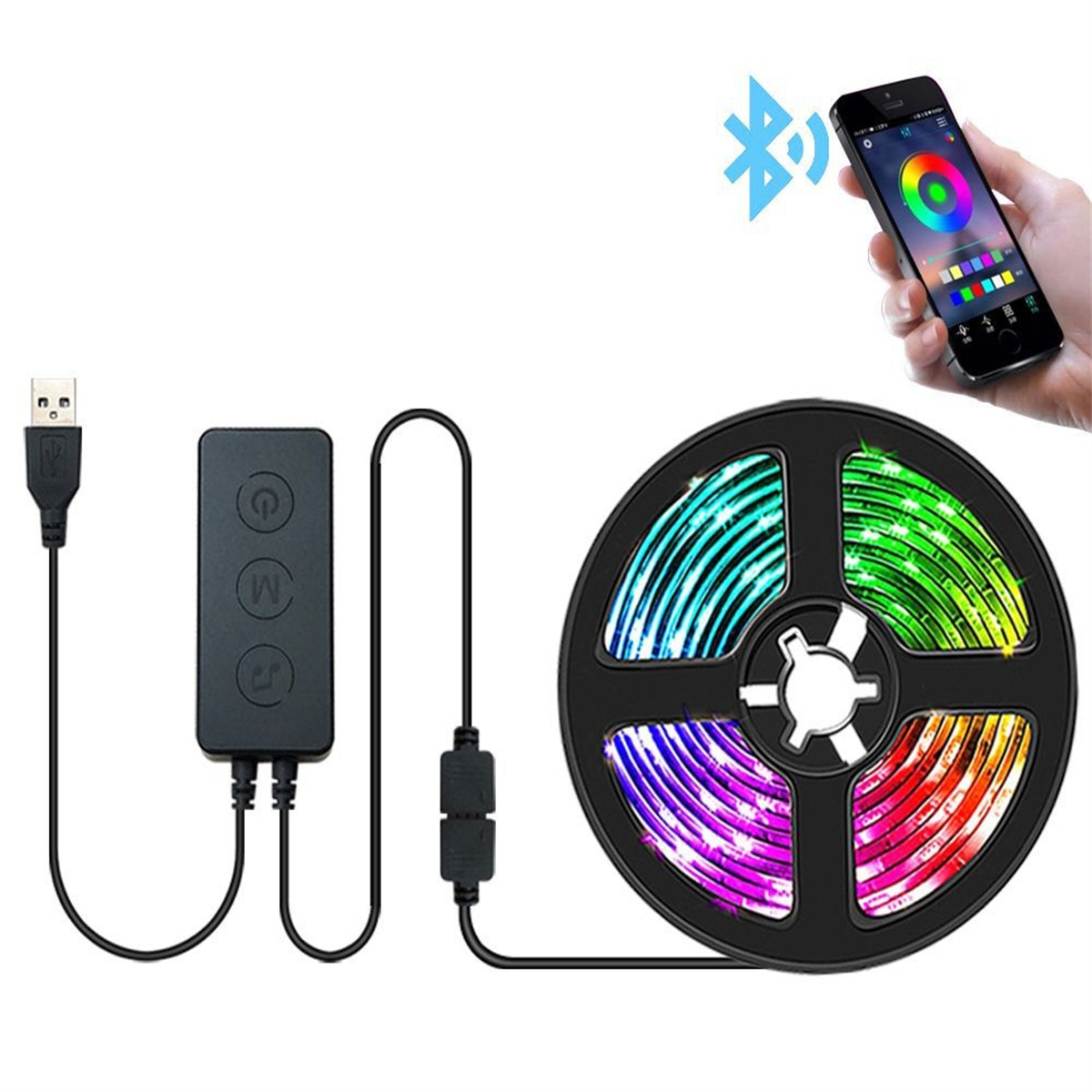 LED-Streifen mit Steuerung, USB und Telefon mit Farbauswahl. Bluetooth-Verbindungs-Symbol.