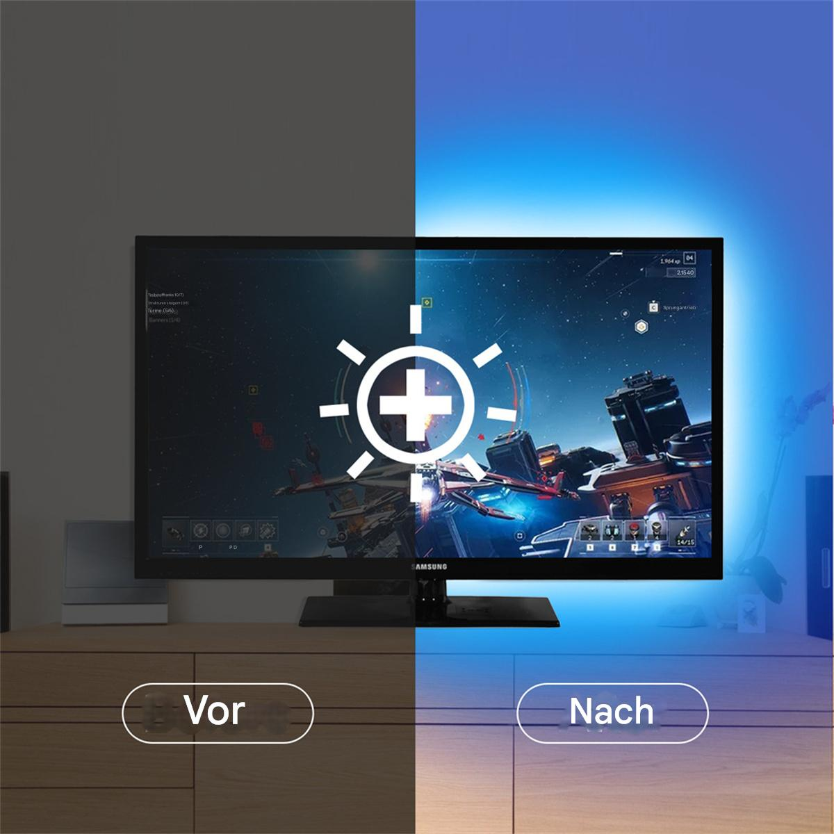 Monitor, der ein Vorher-Nachher-Bild mit Lichteinstellung anzeigt.