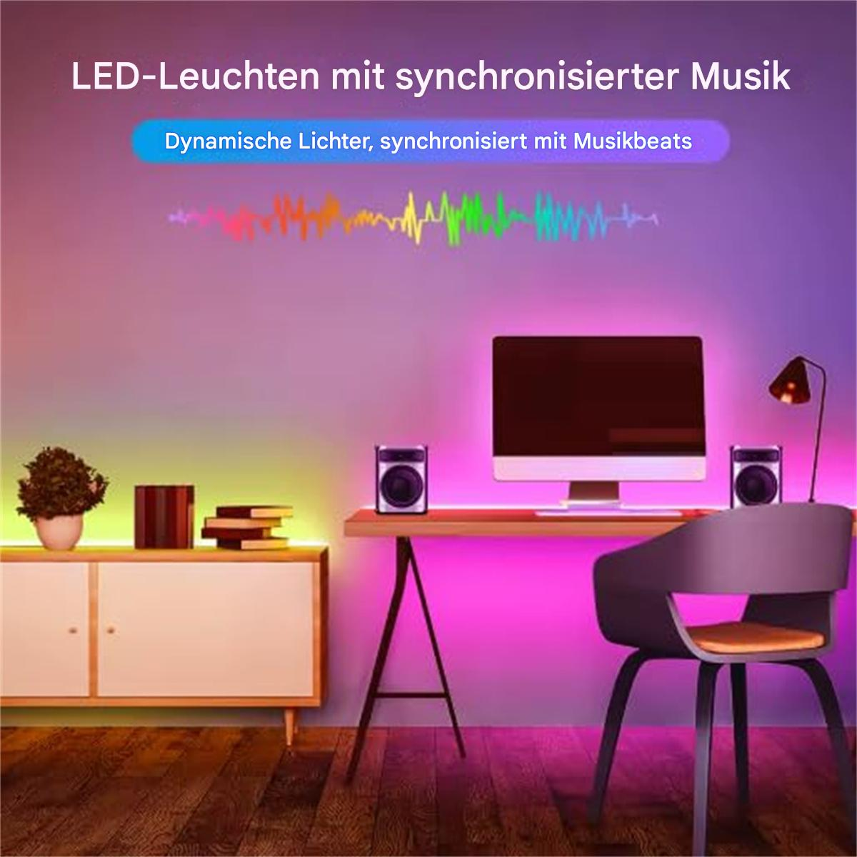 Zimmer mit bunten LED-Streifenlichtern und Lautsprechern.