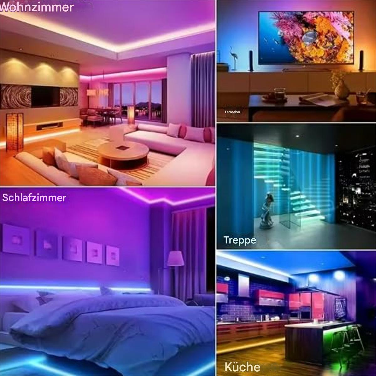 Mehrere Raumszenen mit LED-Streifenbeleuchtung, die verschiedene Farbschemata und Setups zeigen.