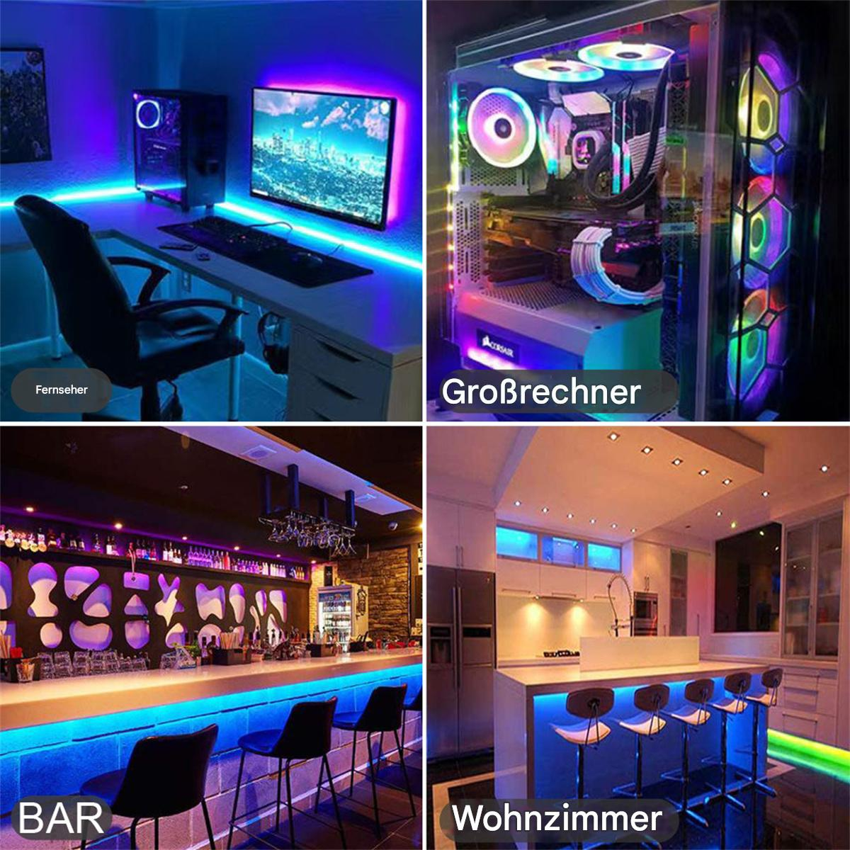 Vier Szenen mit LED-Leuchten. Ein Computer-Setup, ein Gaming-PC, eine Bar und eine Küche. Text vorhanden.
