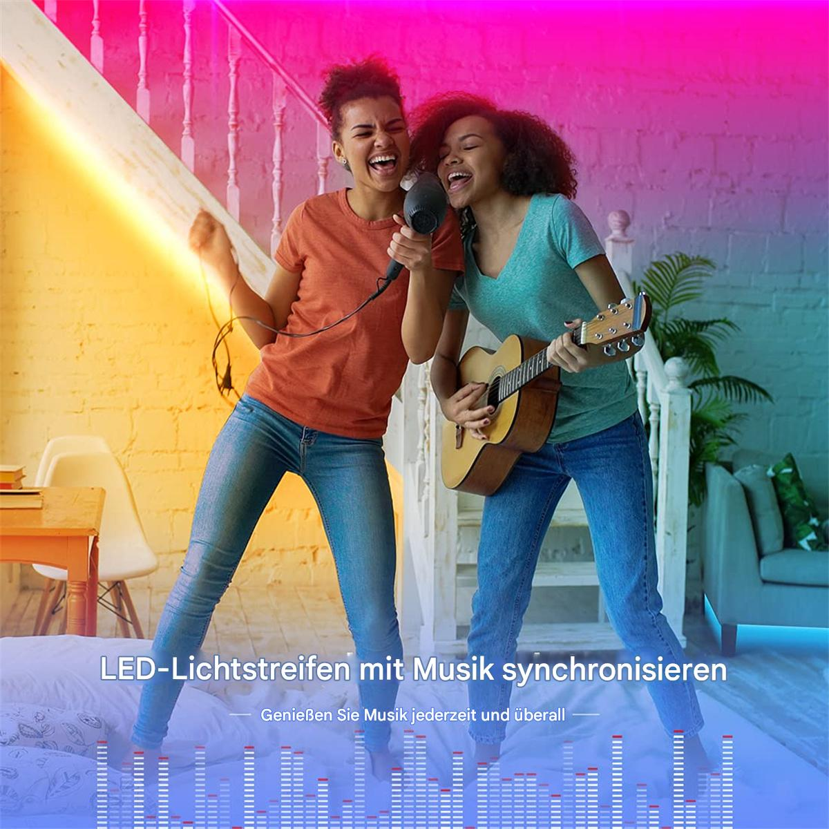 Zwei Frauen singen in ein Mikrofon und spielen Gitarre, Bühnenbeleuchtung ist sichtbar.