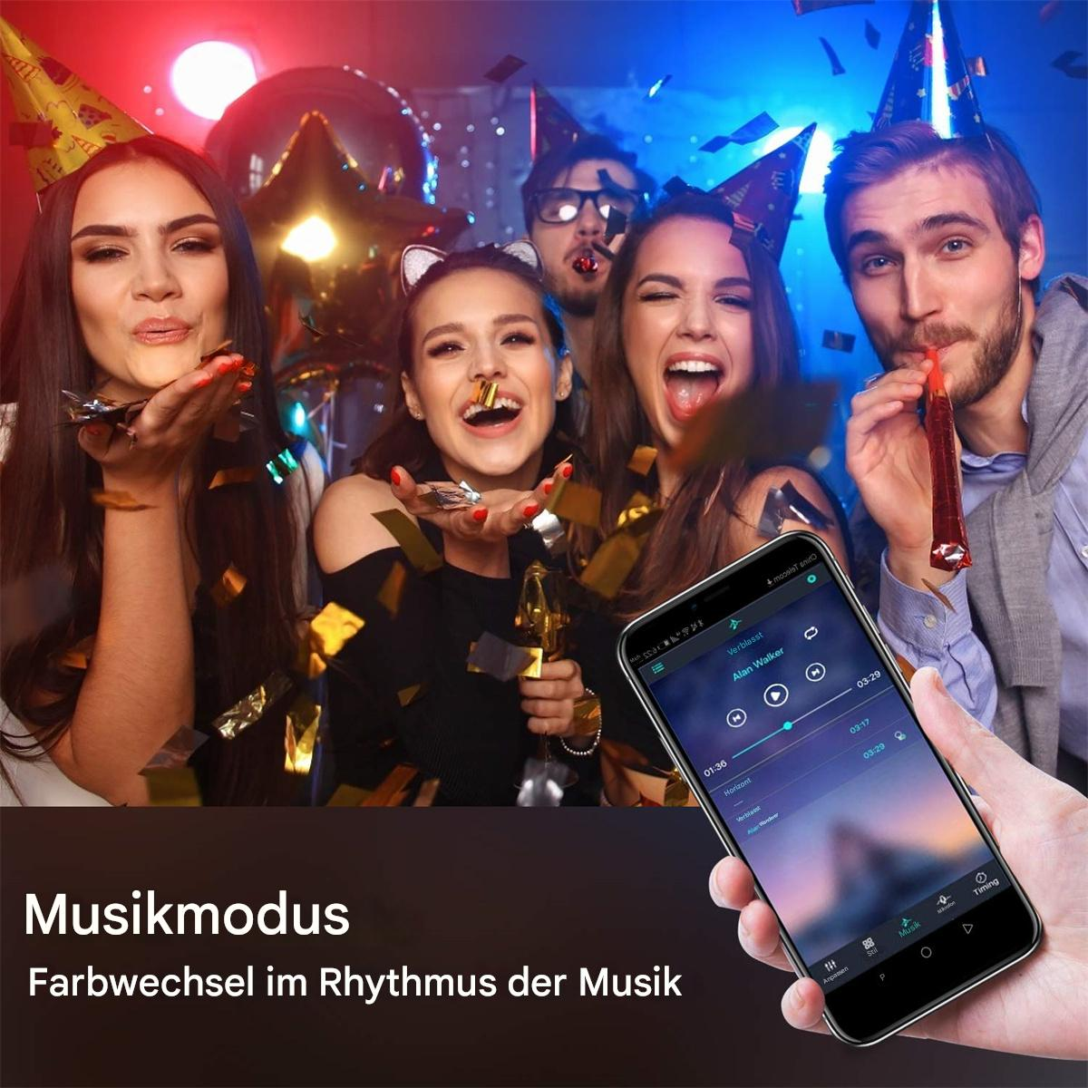 Menschengruppe mit Telefon, das eine Musik-App zeigt. Konfetti, Partyhüte und fröhliche Gesichter.