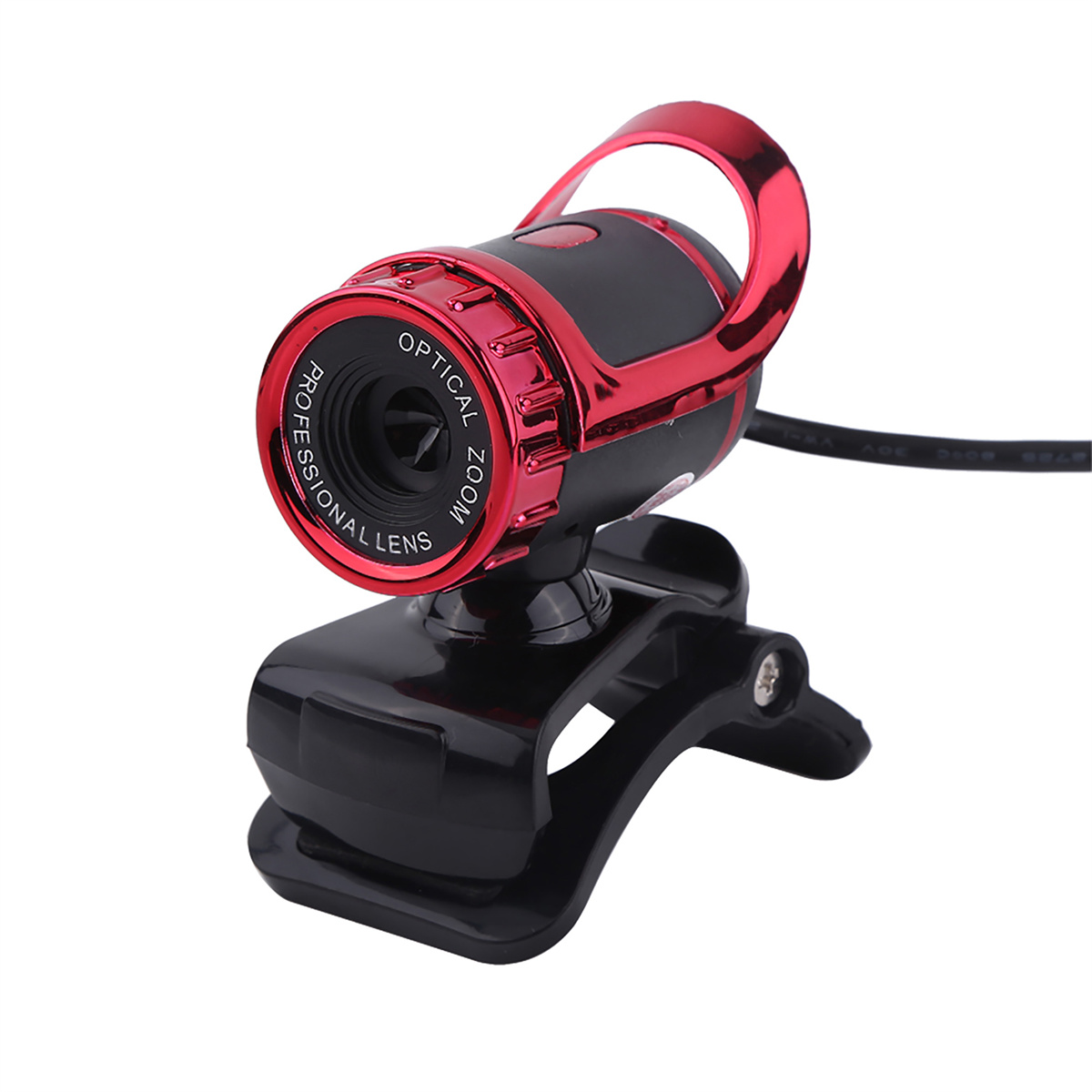 Schwarze und rote Webcam mit Zoomobjektiv und Clip. Weißer Hintergrund.