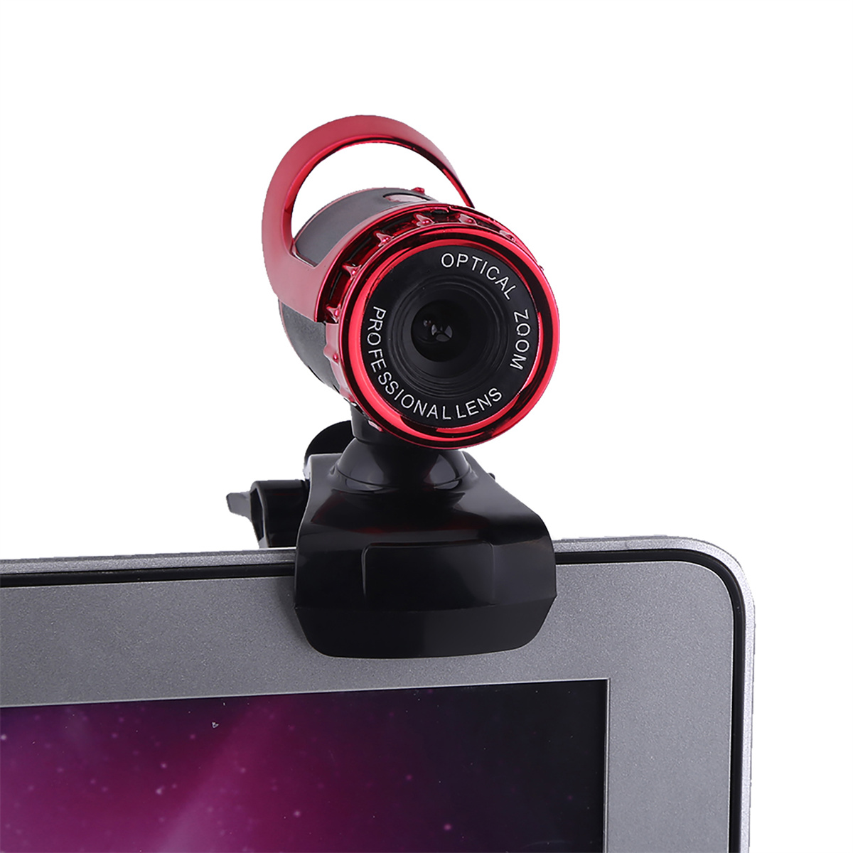 Rote und schwarze Webcam auf einem Laptop. Sie hat einen roten Ring um das Objektiv und einen schwarzen Ständer.