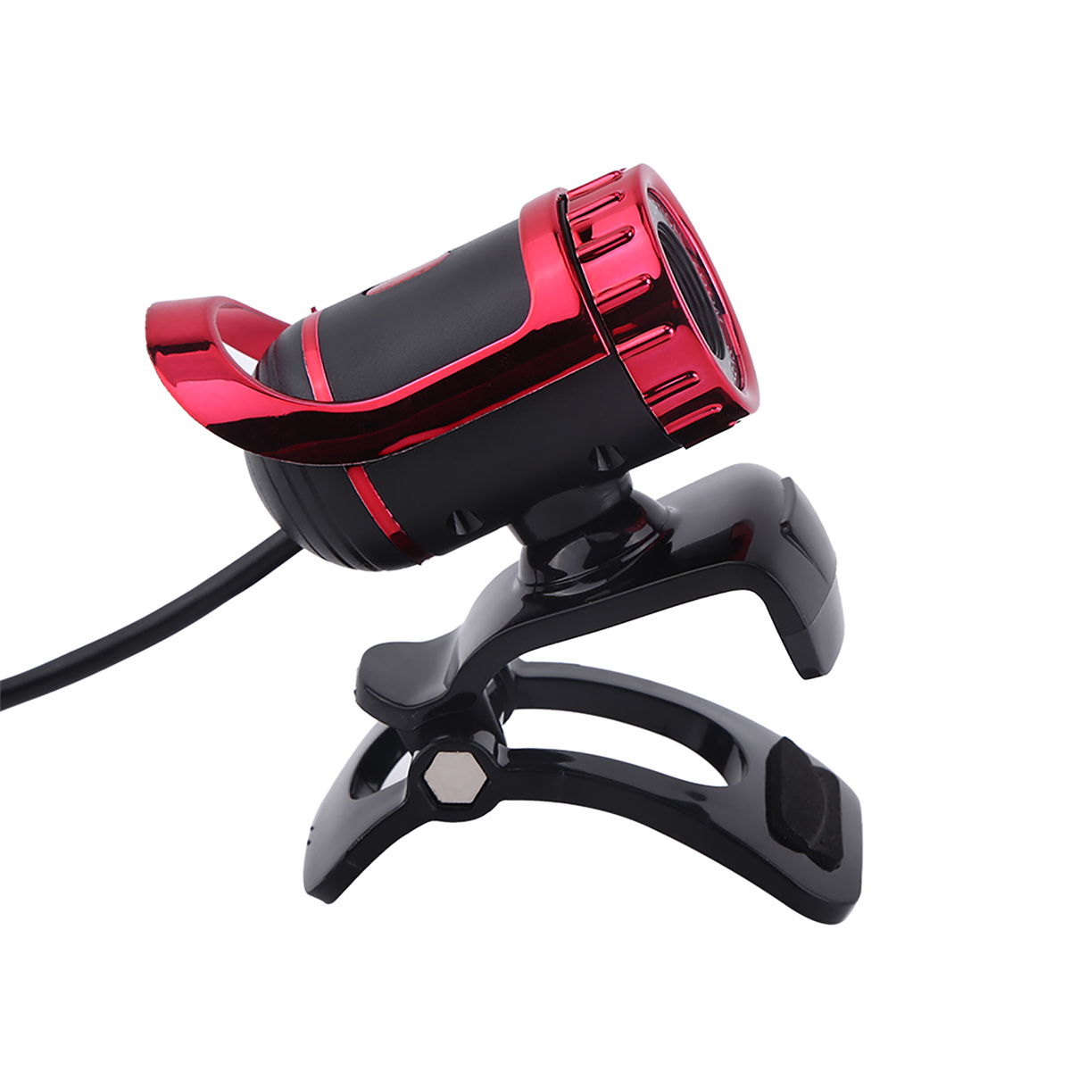 Eine schwarze und rote Webcam. Sie ist an einem schwarzen Clip mit rotem Rand befestigt.
