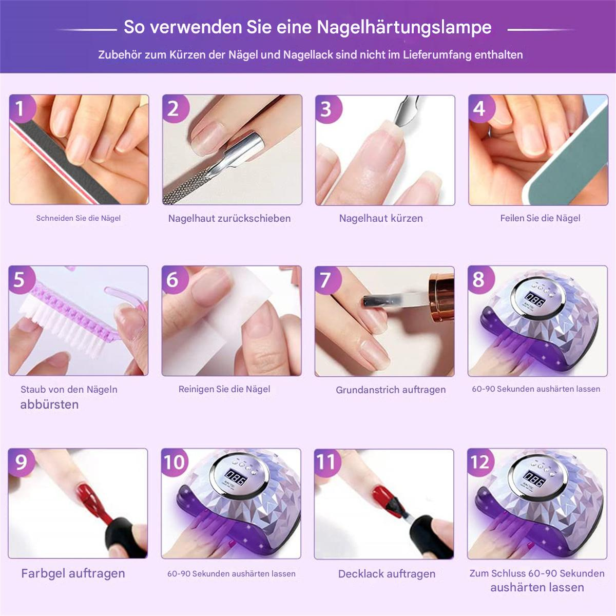 Schritte zur Verwendung einer Nagelhärtungslampe. Feilen, Reinigen, Gel auftragen und Aushärten.